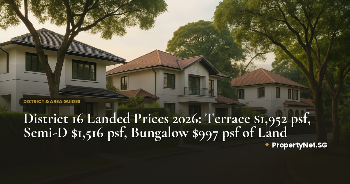 District 16 Landed Prices 2026: Terrace $1,952 psf, Semi-D $1,516 psf, Bungalow $997 psf of Land