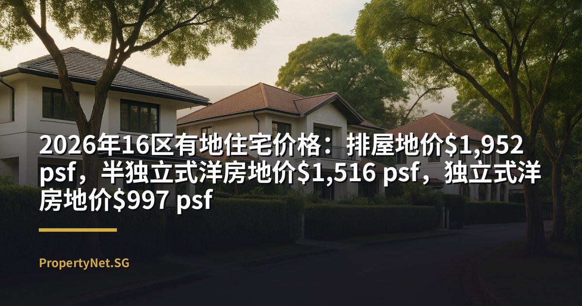 2026年16区有地住宅价格：排屋地价$1,952 psf，半独立式洋房地价$1,516 psf，独立式洋房地价$997 psf