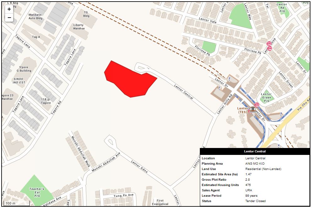 Map showing the site location of the land parcel for sale at Lentor Central in 2023