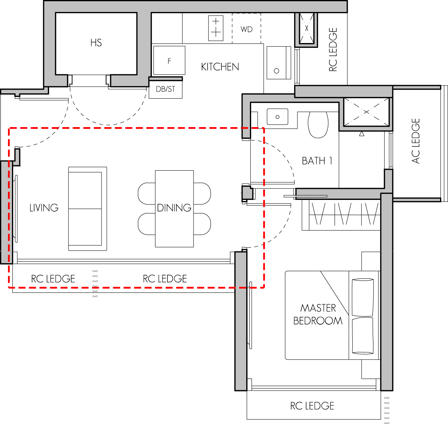 Floorplan of 1 Bedroom at 8 @ BT with landscape  living and dining room.