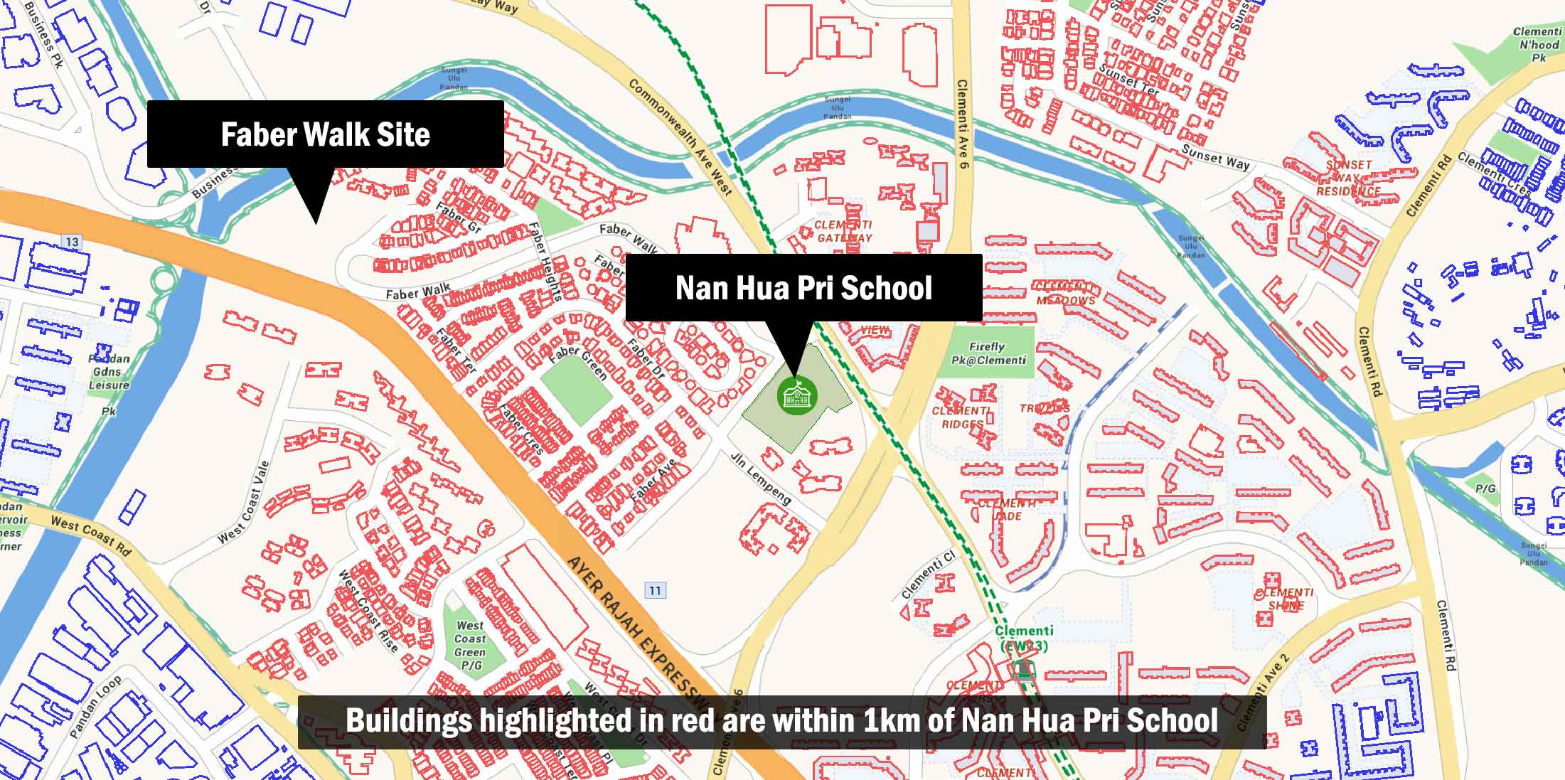 Buildings within 1 km from Nan Hua Primary School.