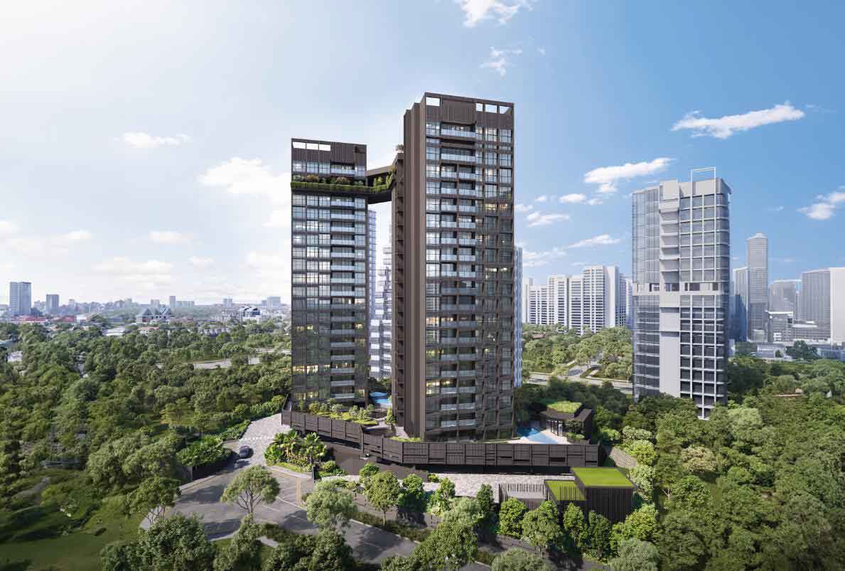 Aerial view of Arina East Residences, a luxury freehold condo in Marina East, Singapore, featuring twin towers connected by sky bridges, surrounded by lush greenery and a modern city skyline.