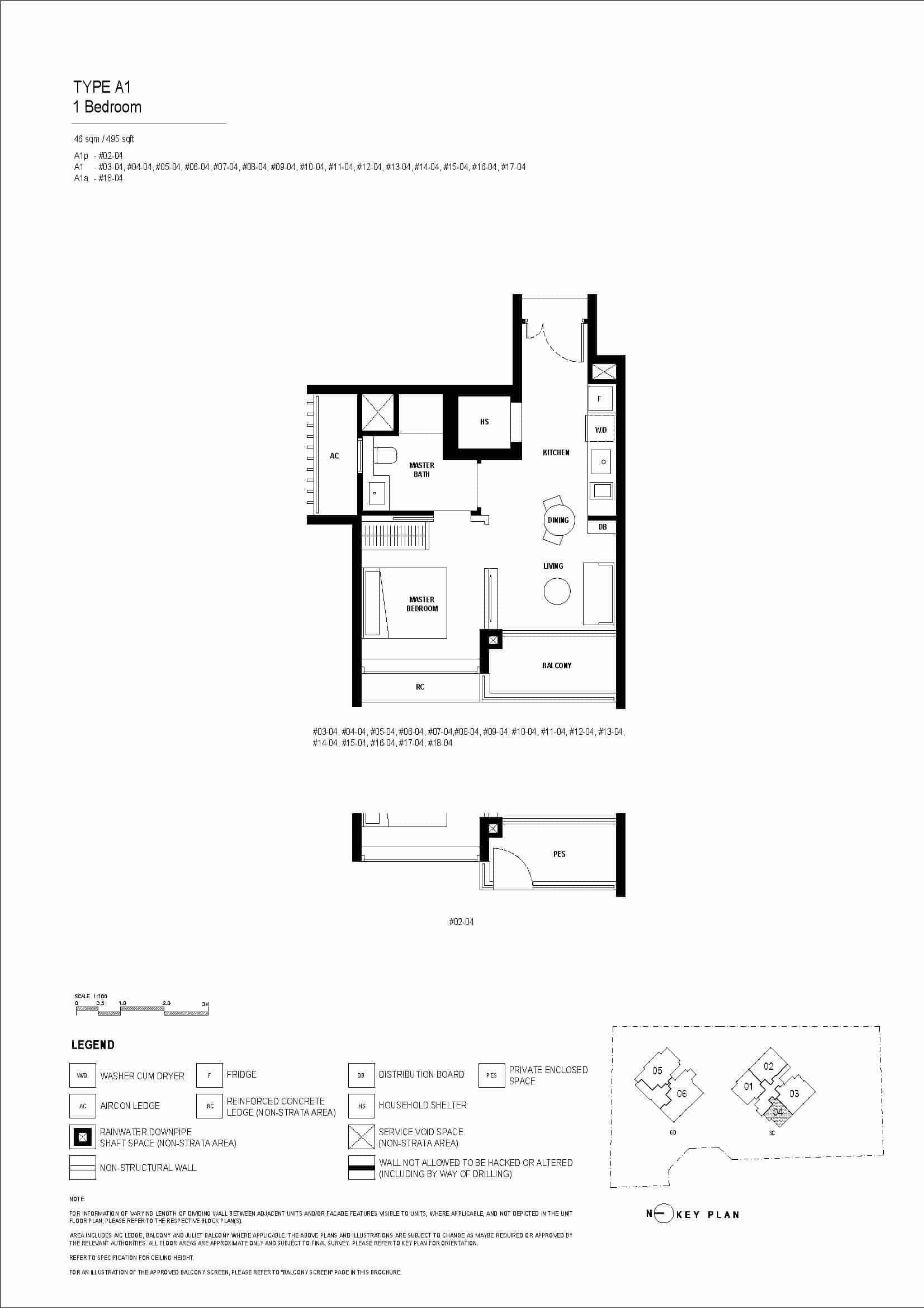 Type A1 floor plan of Arina East Residences, a luxury freehold condo in Marina East, Singapore, featuring a 1-bedroom unit with 46 sqm, master bedroom, living area, and balcony.