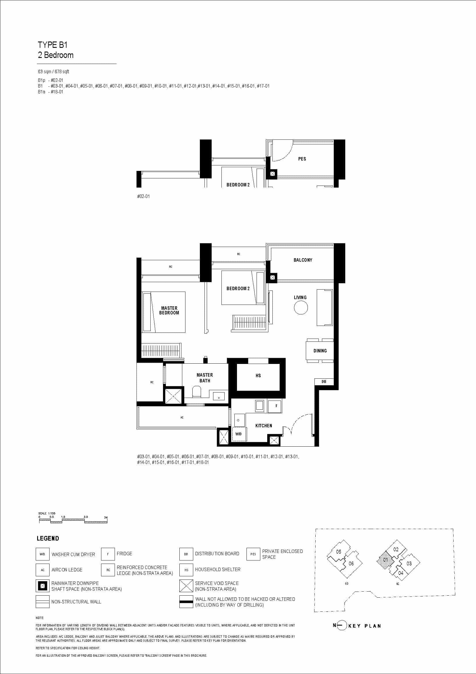 Type B1 floor plan of Arina East Residences, a luxury freehold condo in Marina East, Singapore, featuring a 2-bedroom unit with 63 sqm, master bedroom, living area, and balcony.