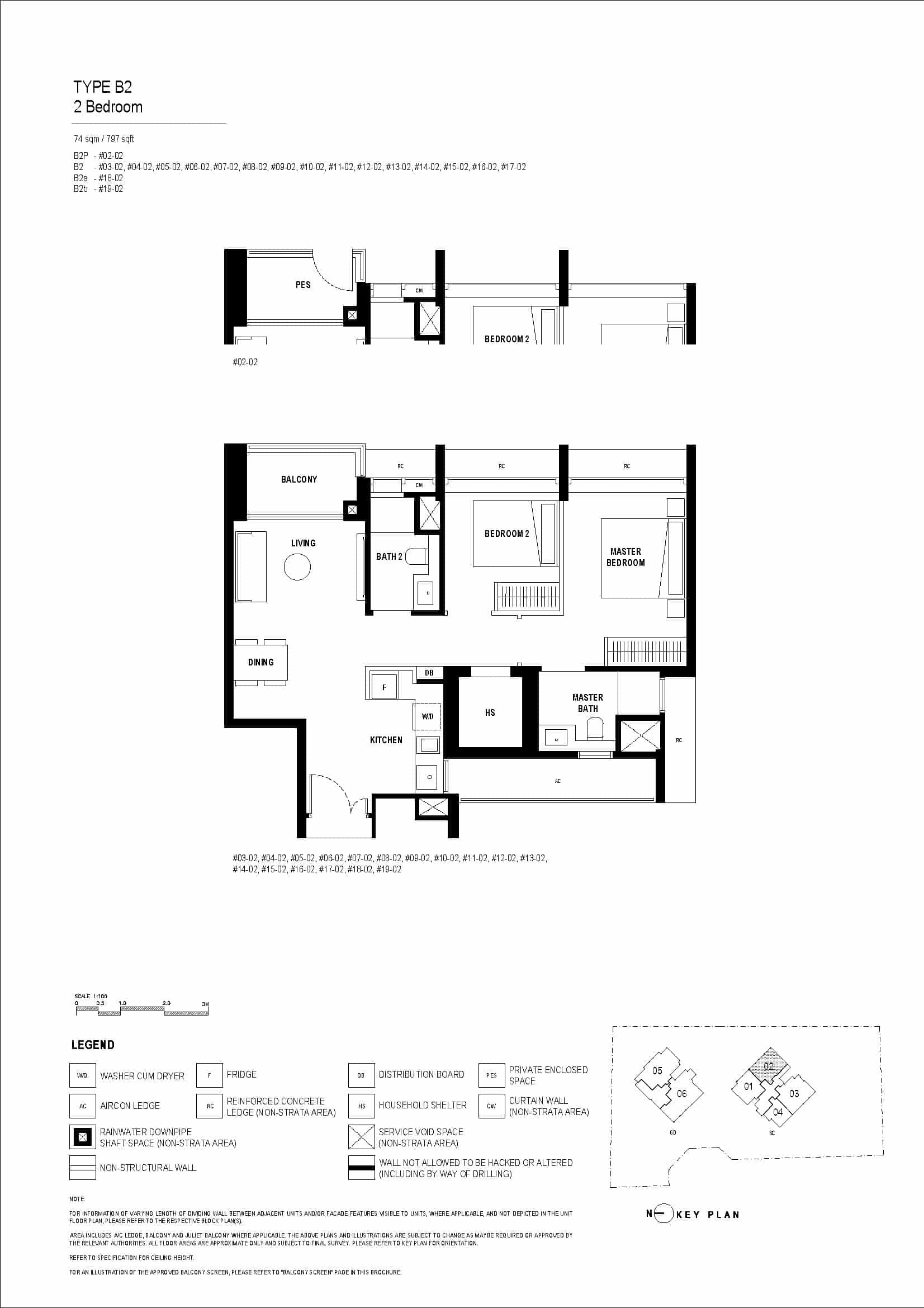 Type B2 floor plan of Arina East Residences, a luxury freehold condo in Marina East, Singapore, featuring a 2-bedroom unit with 74 sqm, master bedroom, living area, and balcony.