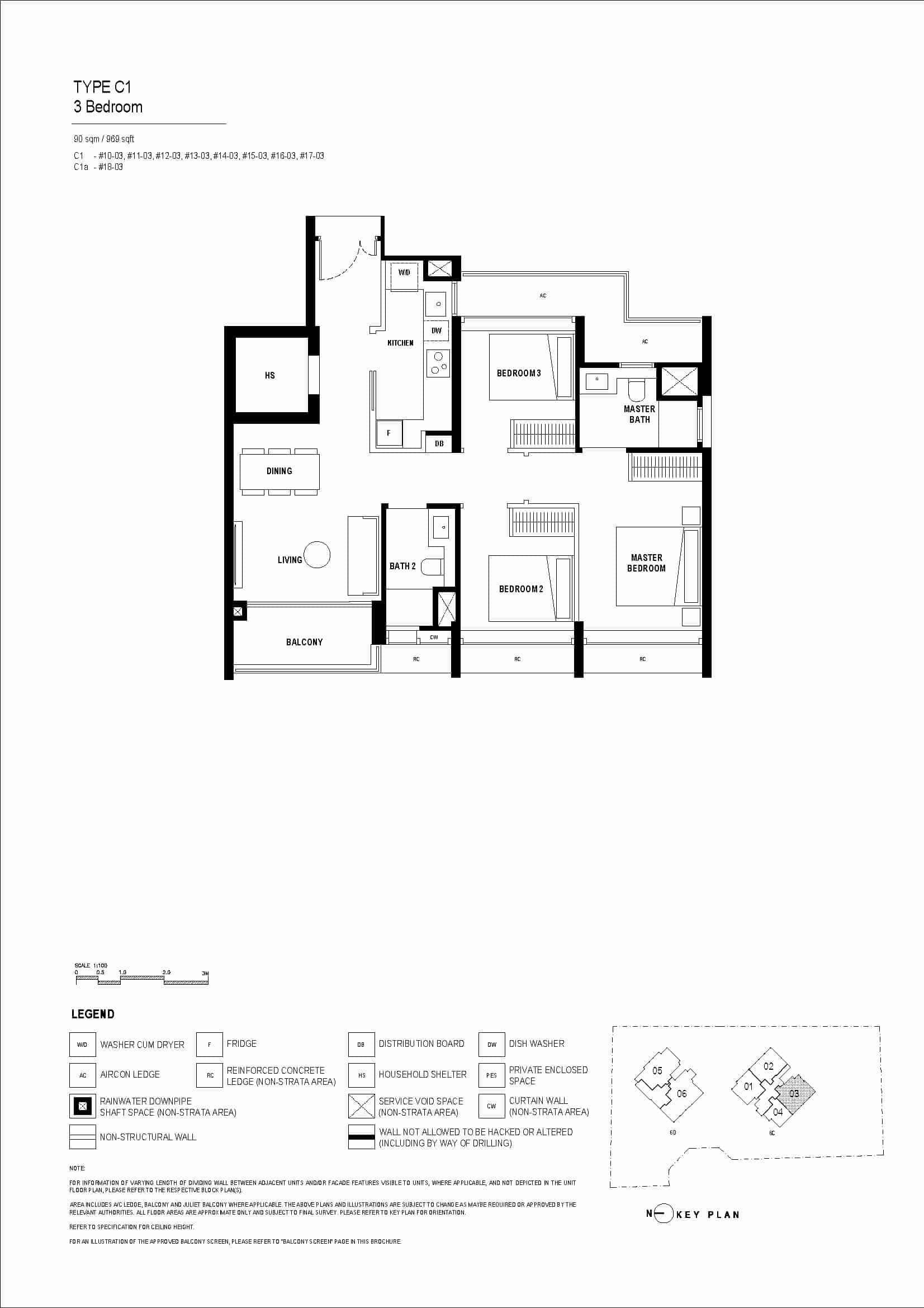 Type C1 floor plan of Arina East Residences, a luxury freehold condo in Marina East, Singapore, featuring a 3-bedroom unit with 90 sqm, master bedroom, living area, and balcony.