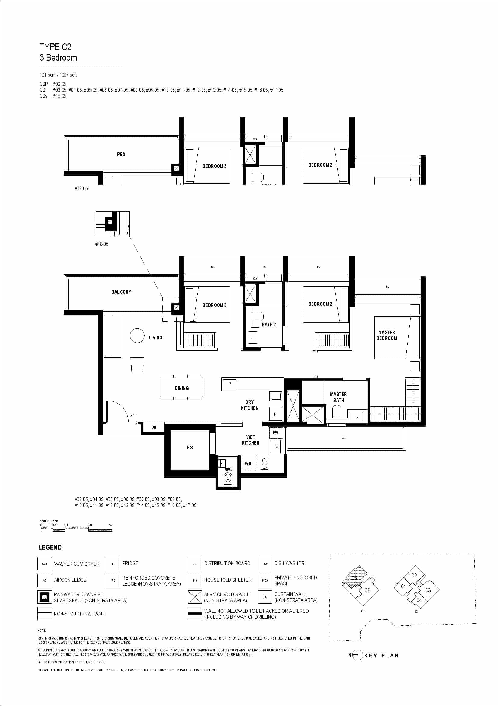 Type C2 floor plan of Arina East Residences, a luxury freehold condo in Marina East, Singapore, featuring a 3-bedroom unit with 101 sqm, master bedroom, living area, and balcony.