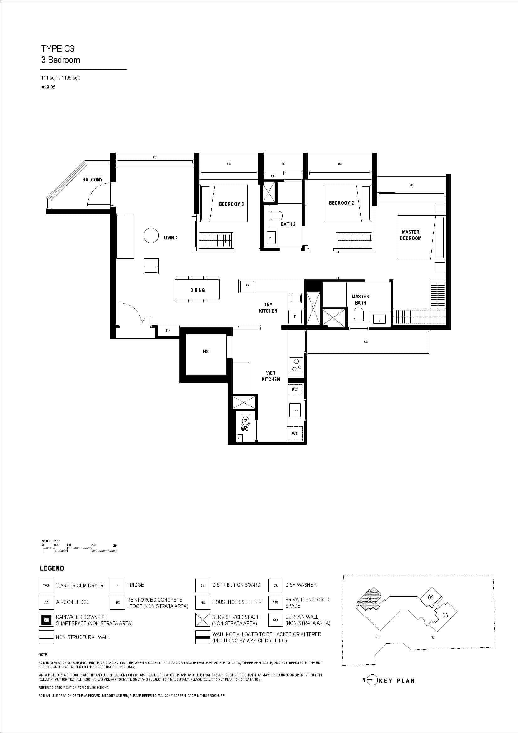 Type C3 floor plan of Arina East Residences, a luxury freehold condo in Marina East, Singapore, featuring a 3-bedroom unit with 111 sqm, master bedroom, living area, and balcony.