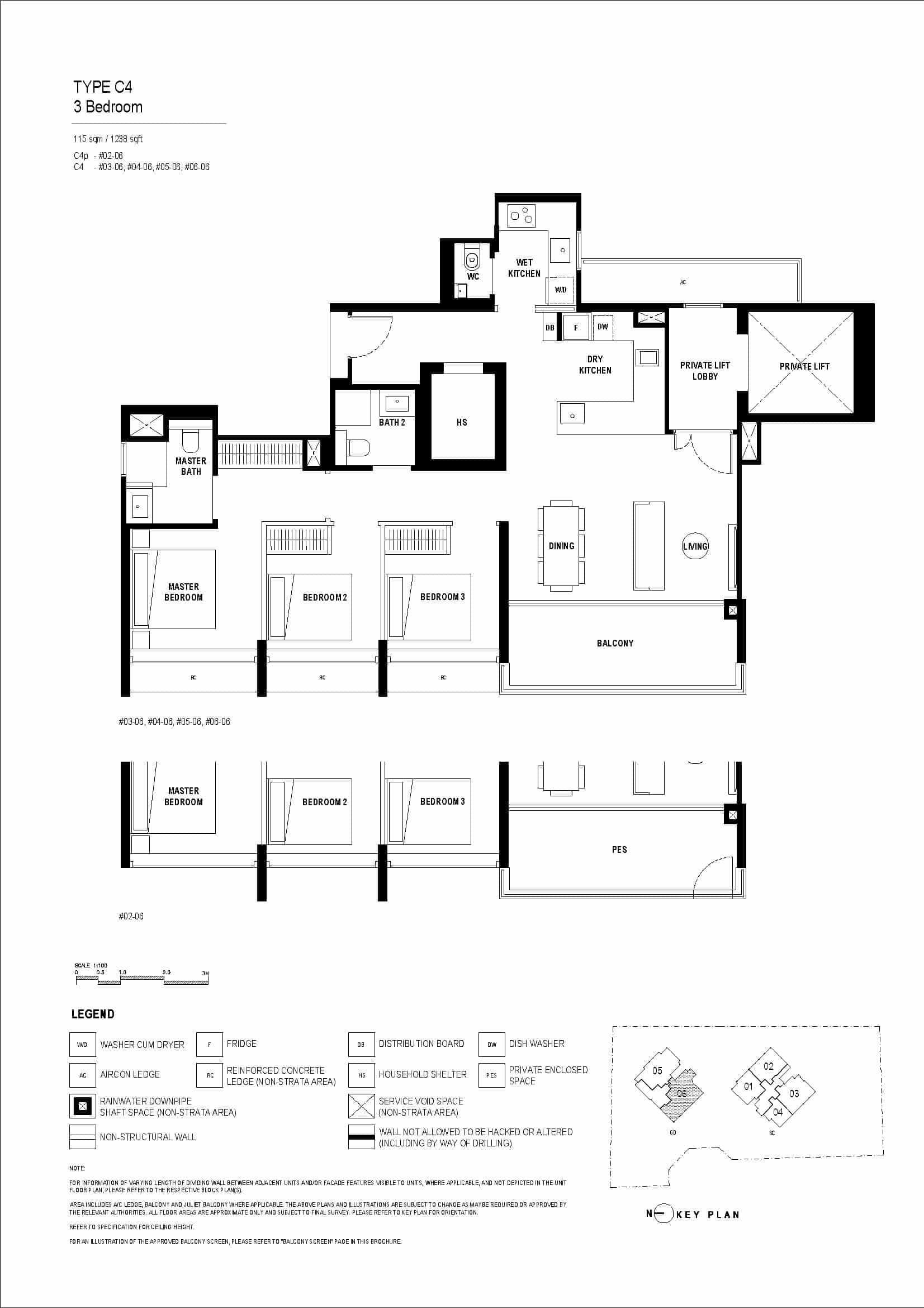 Type C4 floor plan of Arina East Residences, a luxury freehold condo in Marina East, Singapore, featuring a 3-bedroom unit with 115 sqm, master bedroom, private lift, and balcony.