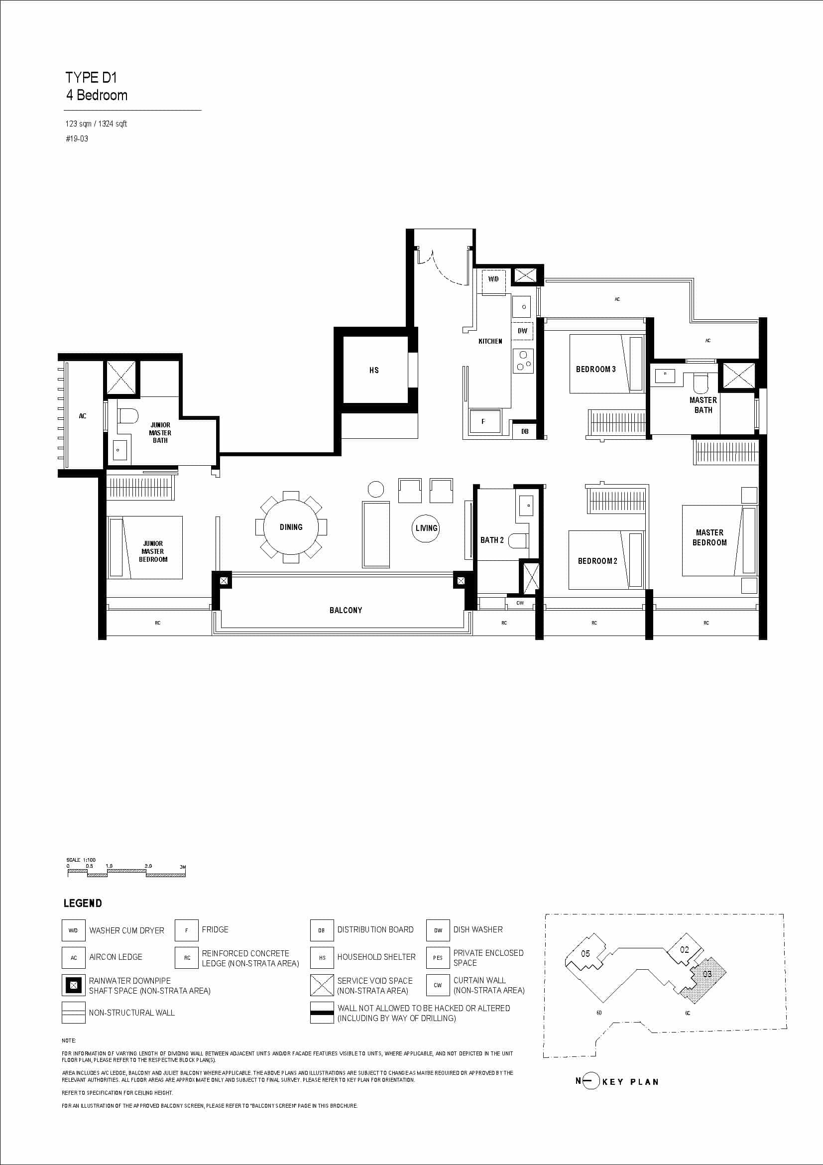 Type D1 floor plan of Arina East Residences, a luxury freehold condo in Marina East, Singapore, featuring a 4-bedroom unit with 123 sqm, master bedroom, living area, and balcony.