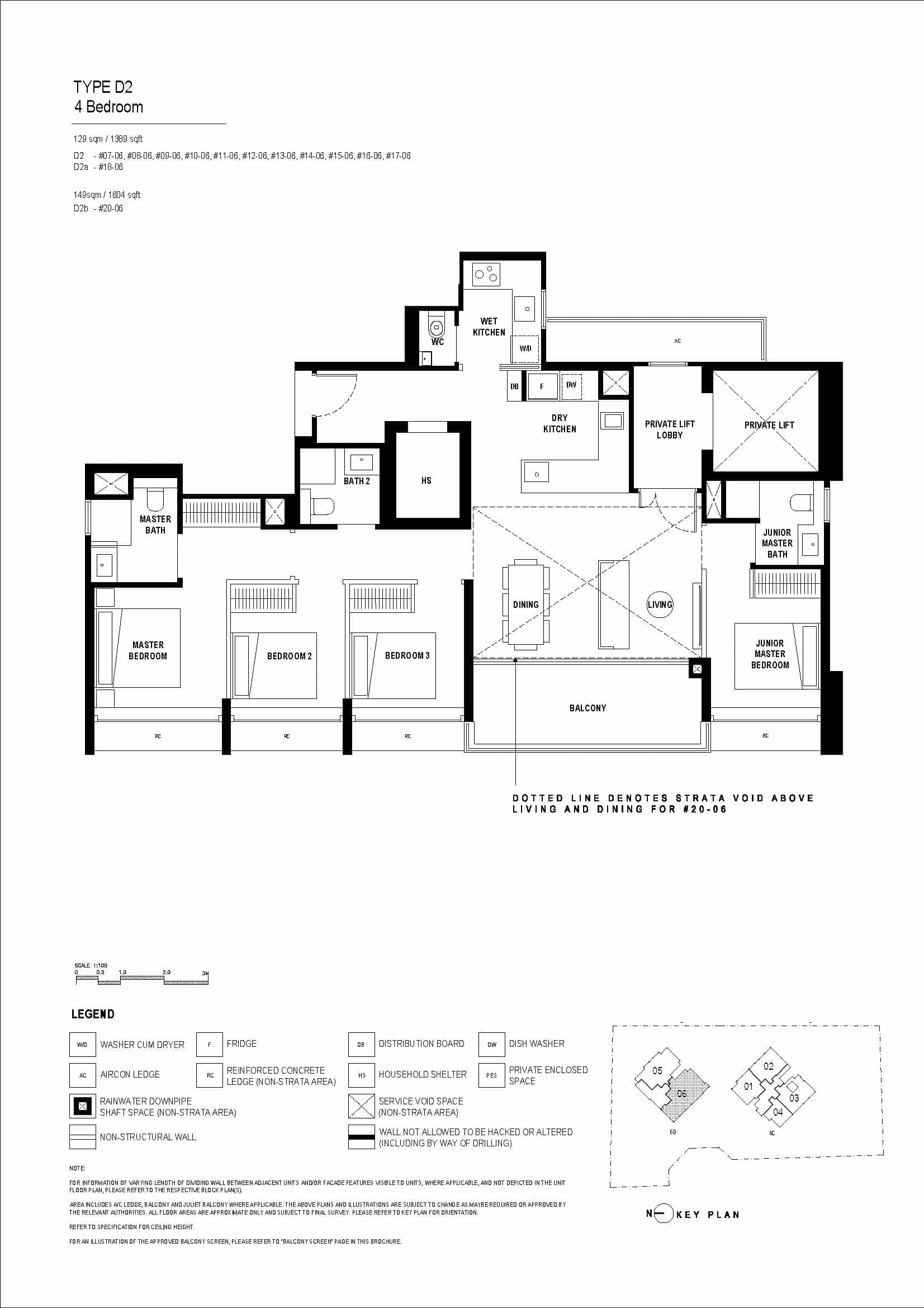 Type D2 floor plan of Arina East Residences, a luxury freehold condo in Marina East, Singapore, featuring a 4-bedroom unit with 129 sqm/148 sqm, master bedroom, private lift, and balcony.