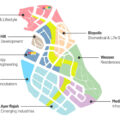 Color-coded map of One-North, Singapore, highlighting various precincts. The map labels key areas: Vista (Commercial & Lifestyle) in pink, Nepal Hill (Talent Development) in brown, Biopolis (Biomedical & Life Sciences) in green, Wessex (Residences) in yellow, Mediapolis (Infocomm Technology & Media) in purple, Fusionopolis (Infocomm Technology, Media, Science & Engineering) in blue, LaunchPad (Start-ups & Incubators) in light blue, and Ayer Rajah (Energy Industries) in orange. Black dots mark specific locations within each precinct.