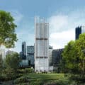 Rendering of W Residences at Marina View, a 51-storey luxury skyscraper in Singapore, surrounded by lush greenery and modern high-rise buildings under a bright sky.