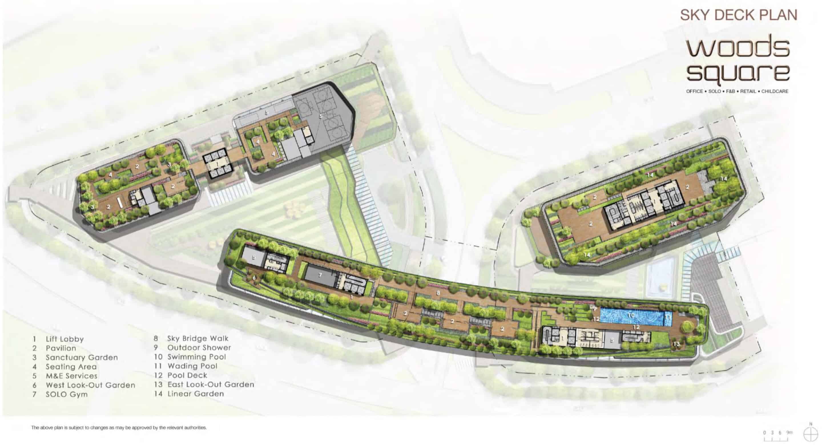 Illustrated sky deck plan of Woods Square in Woodlands, Singapore, showcasing a nature-inspired rooftop layout across multiple towers. The plan highlights 14 labeled features: (1) Lift Lobby, (2) Pavilion, (3) Sanctuary Garden, (4) Seating Area, (5) M&E Services, (6) West Look-Out Garden, (7) SOLO Gym, (8) Sky Bridge Walk, (9) Outdoor Shower, (10) Swimming Pool, (11) Wading Pool, (12) Pool Deck, (13) East Look-Out Garden, and (14) Linear Garden. The design features extensive greenery, pathways, and recreational spaces, with a focus on integrating nature into the urban office environment. The Woods Square logo and branding are displayed in the top right corner, with a note indicating the plan is subject to changes by relevant authorities.