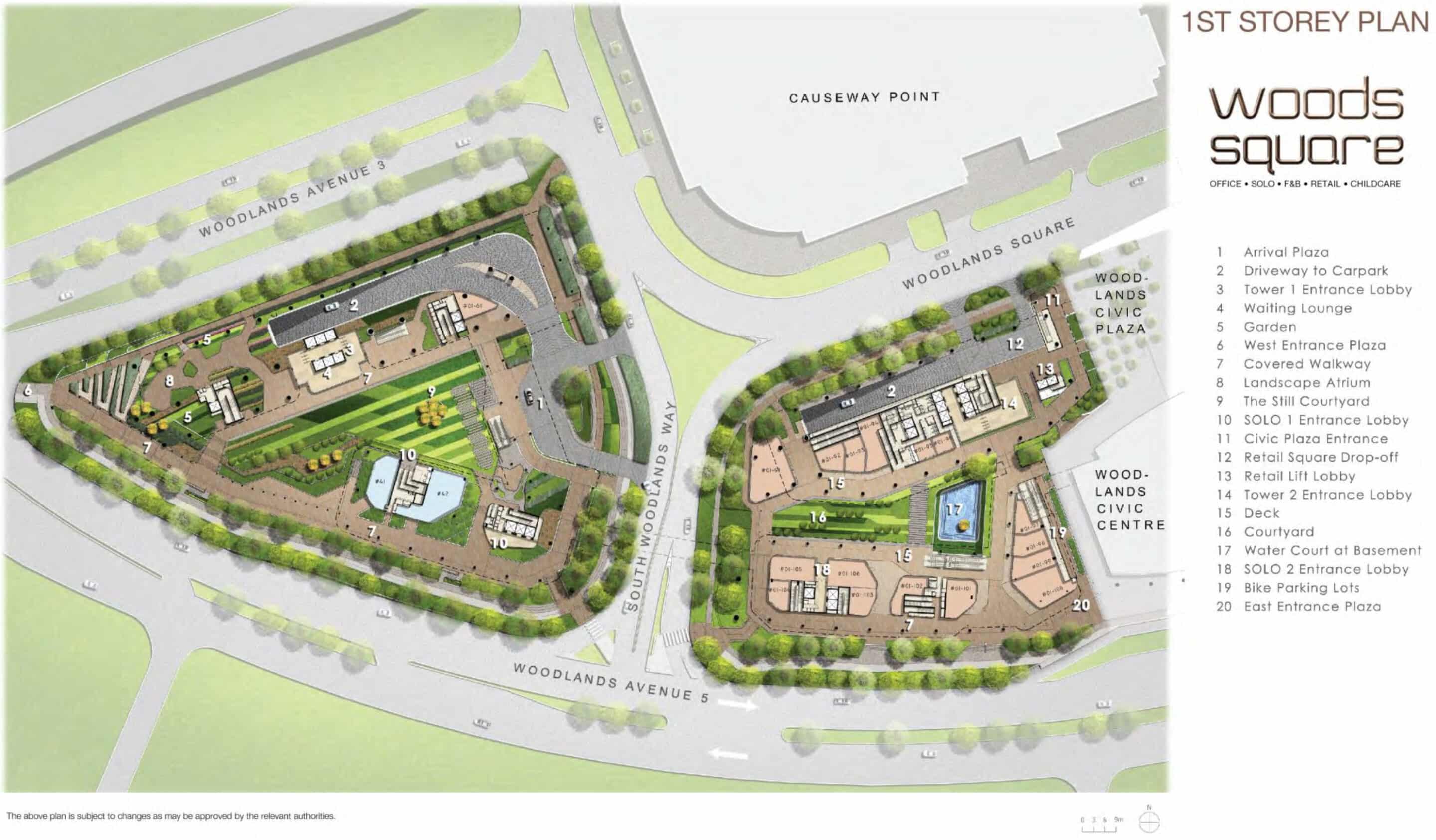Detailed 1st storey plan of Woods Square in Woodlands, Singapore, illustrating the ground-level layout with surrounding landmarks like Causeway Point and Woodlands Civic Centre. The plan labels 20 key features: (1) Arrival Plaza, (2) Driveway to Carpark, (3) Tower 1 Entrance Lobby, (4) Waiting Lounge, (5) Garden, (6) West Entrance Plaza, (7) Covered Walkway, (8) Landscape Atrium, (9) The Still Courtyard, (10) SOLO 1 Entrance Lobby, (11) Civic Plaza Entrance, (12) Retail Square Drop-off, (13) Retail Lift Lobby, (14) Tower 2 Entrance Lobby, (15) Deck, (16) Courtyard, (17) Water Court at Basement, (18) SOLO 2 Entrance Lobby, (19) Bike Parking Lots, and (20) East Entrance Plaza. The layout emphasizes connectivity with pedestrian pathways and greenery, showing proximity to Woodlands Avenue 2, South Woodlands Way, and Woodlands Avenue 5. The Woods Square logo and branding are in the top right corner, with a note indicating the plan is subject to changes by relevant authorities.