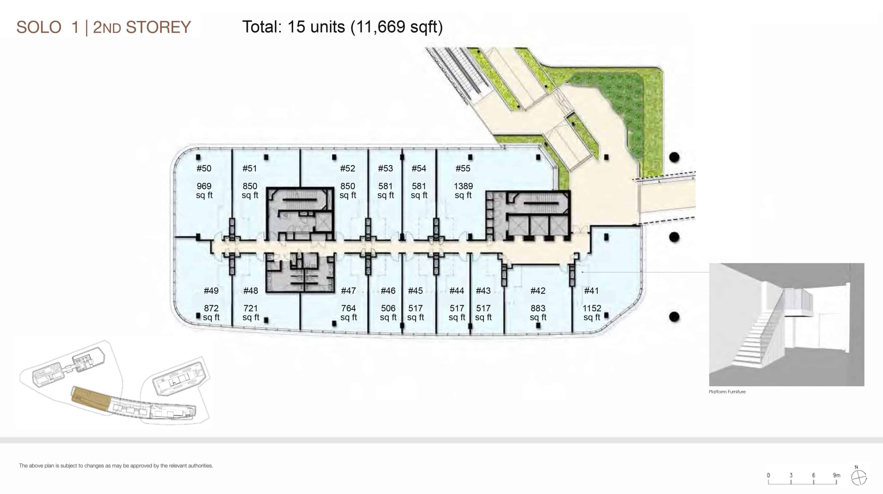 Floor plan of SOLO 1 2nd Storey at Woods Square in Woodlands, Singapore, detailing the layout of office units. The plan shows a total of 5 units spanning 11,669 sq ft, labeled as Unit #49 (872 sq ft), Unit #48 (721 sq ft), Unit #47 (764 sq ft), Unit #46 (506 sq ft), and Unit #45 (517 sq ft). Additional units on the right include #50 (969 sq ft), #51 (850 sq ft), #52 (850 sq ft), #53 (581 sq ft), #54 (581 sq ft), #55 (1,289 sq ft), #41 (883 sq ft), #42 (1,152 sq ft), and #43 (1,033 sq ft). The layout includes shared spaces like corridors and stairwells, with greenery visible at the top. An inset image of platform furniture is included in the bottom right corner. A note at the bottom indicates the plan is subject to changes by relevant authorities.