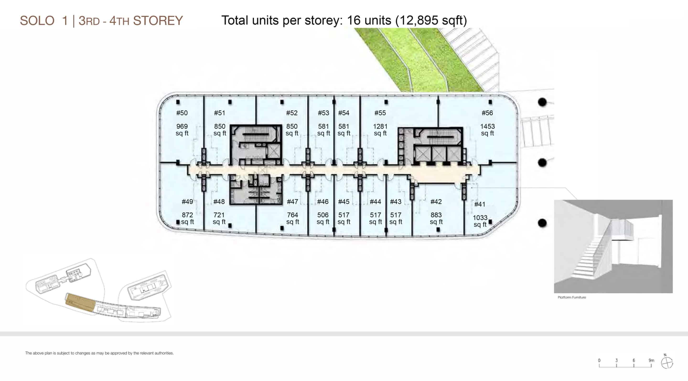 Floor plan of SOLO 1 3rd and 4th Storeys at Woods Square in Woodlands, Singapore, showcasing the office unit layout for these identical floors. The plan details a total of 16 units per storey, covering 12,895 sq ft. Units are labeled with numbers and sizes, ranging from 506 sq ft (e.g., Unit #46) to 1,453 sq ft (e.g., Unit #56). Key units include #41 (1,033 sq ft), #42 (883 sq ft), #43 (1,152 sq ft), #44 (517 sq ft), #45 (517 sq ft), #46 (506 sq ft), #47 (764 sq ft), #48 (721 sq ft), and #49 (872 sq ft) on the left, and #50 (969 sq ft), #51 (850 sq ft), #52 (850 sq ft), #53 (581 sq ft), #54 (581 sq ft), #55 (1,289 sq ft), and #56 (1,453 sq ft) on the right. The layout includes shared spaces like corridors and stairwells, with greenery visible at the top. An inset image of platform furniture is included in the bottom right corner. A note at the bottom indicates the plan is subject to changes by relevant authorities.