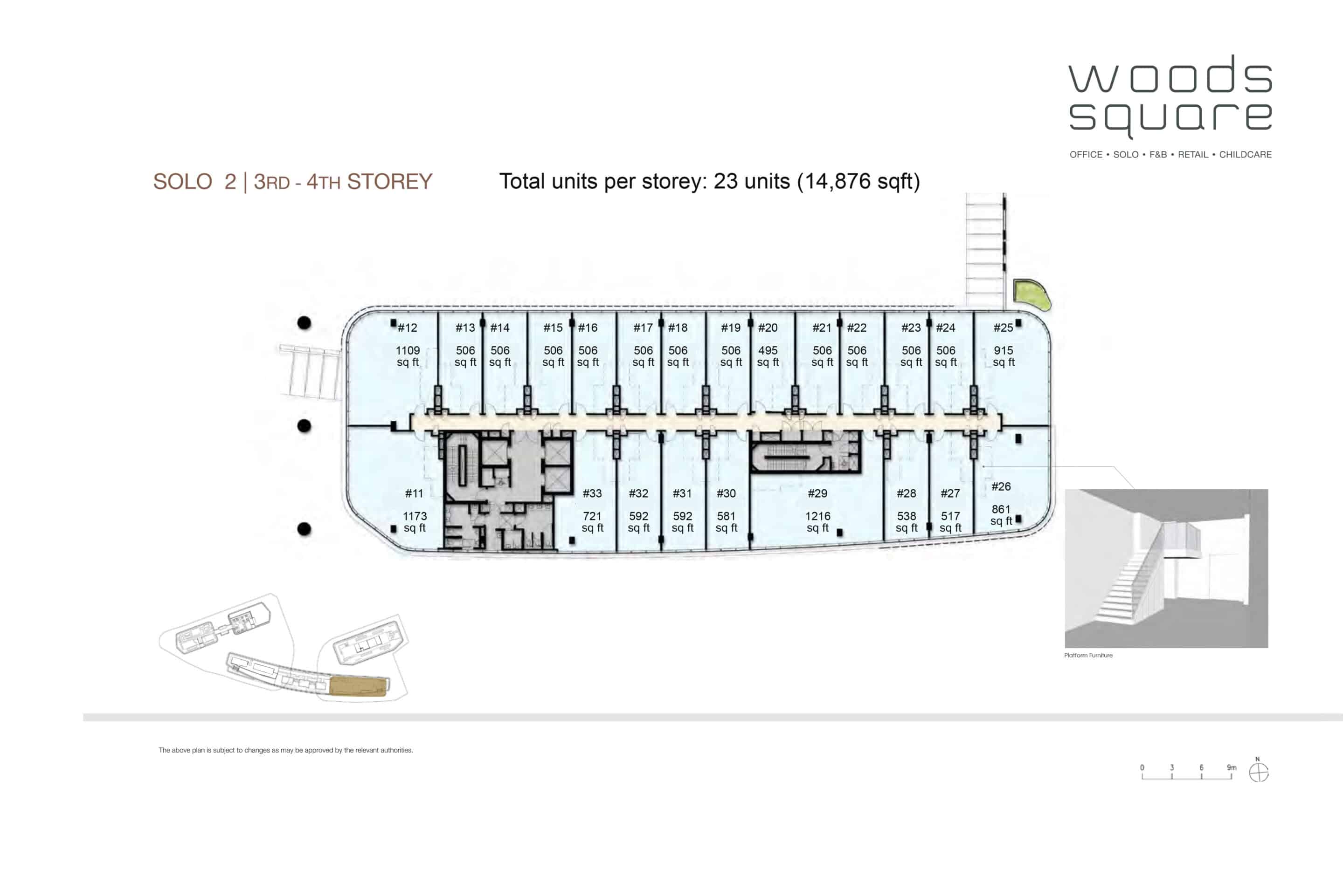 Floor plan of SOLO 2 3rd and 4th Storeys at Woods Square in Woodlands, Singapore, showcasing the office unit layout for these identical floors. The plan details a total of 23 units per storey, covering 14,876 sq ft. Units are labeled with numbers and sizes, ranging from 495 sq ft (e.g., Unit #19) to 1,173 sq ft (e.g., Unit #11). Key units include #11 (1,173 sq ft), #12 (506 sq ft), #13 (506 sq ft), #14 (506 sq ft), #15 (506 sq ft), #16 (506 sq ft), #17 (506 sq ft), #18 (495 sq ft), #19 (506 sq ft), #20 (506 sq ft), #21 (506 sq ft), #22 (506 sq ft), #23 (915 sq ft), #25 (861 sq ft), #26 (517 sq ft), #27 (517 sq ft), #28 (1,216 sq ft), #29 (861 sq ft), #30 (581 sq ft), #31 (592 sq ft), #32 (592 sq ft), and #33 (721 sq ft). The layout includes shared spaces like corridors and stairwells, with greenery visible at the top. The Woods Square logo and branding are in the top right corner, with a note indicating the plan is subject to changes by relevant authorities.