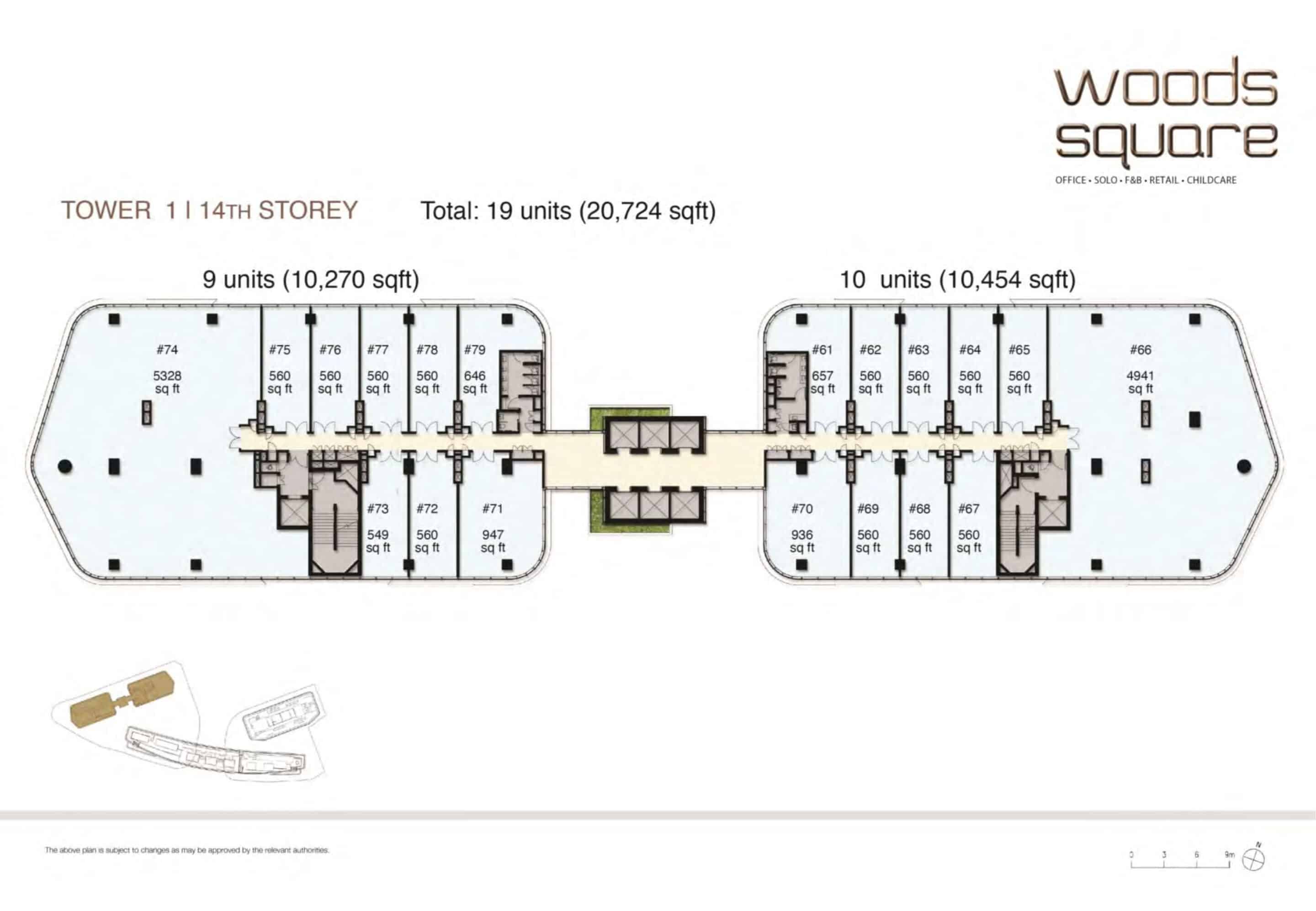Floor plan of Tower 1 14th Storey at Woods Square in Woodlands, Singapore, detailing the office unit layout. The plan shows a total of 19 units spanning 20,724 sq ft, divided into two sections: 9 units (10,270 sq ft) on the left and 10 units (10,454 sq ft) on the right. Units are labeled with numbers and sizes, ranging from 549 sq ft (e.g., Unit #73) to 5,328 sq ft (e.g., Unit #74). Key units include #71 (947 sq ft), #72 (560 sq ft), and #74 (5,328 sq ft) on the left, and #61 (657 sq ft), #64 (560 sq ft), and #66 (4,941 sq ft) on the right. The layout includes shared spaces like corridors, stairwells, and a central greenery area. The Woods Square logo and branding are in the top right corner, with a note indicating the plan is subject to changes by relevant authorities.