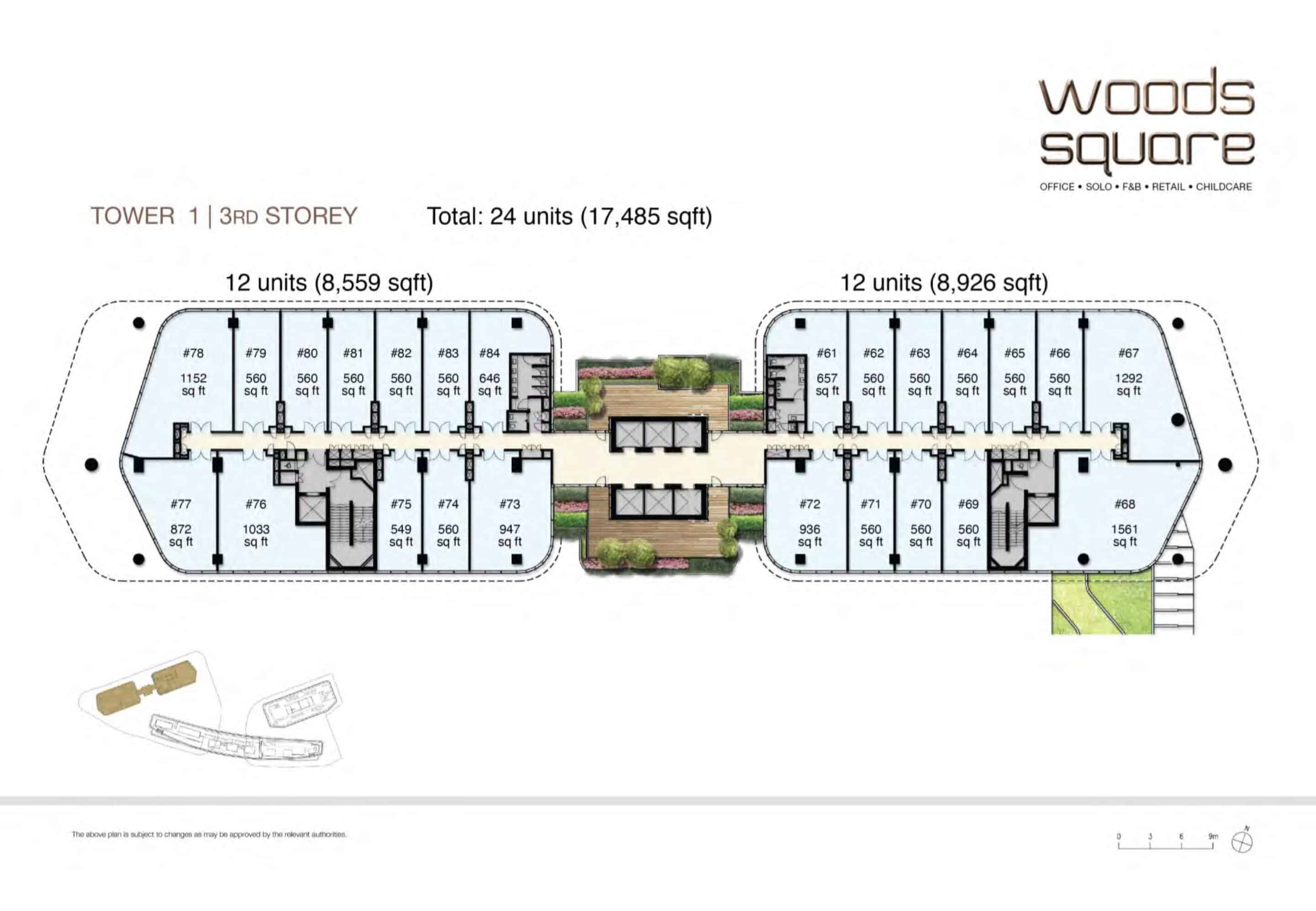 Floor plan of Tower 1 3rd Storey at Woods Square in Woodlands, Singapore, illustrating the office unit layout. The plan displays a total of 24 units covering 17,485 sq ft, split into two sections: 12 units (8,559 sq ft) on the left and 12 units (8,926 sq ft) on the right. Units are labeled with numbers and sizes, ranging from 560 sq ft (e.g., Unit #81) to 1,561 sq ft (e.g., Unit #69). Notable units include #73 (947 sq ft), #76 (1,033 sq ft), and #77 (872 sq ft) on the left, and #61 (657 sq ft), #64 (560 sq ft), and #67 (1,292 sq ft) on the right. The layout features shared spaces like corridors, stairwells, and a central greenery area. The Woods Square logo and branding are in the top right corner, with a note indicating the plan is subject to changes by relevant authorities.