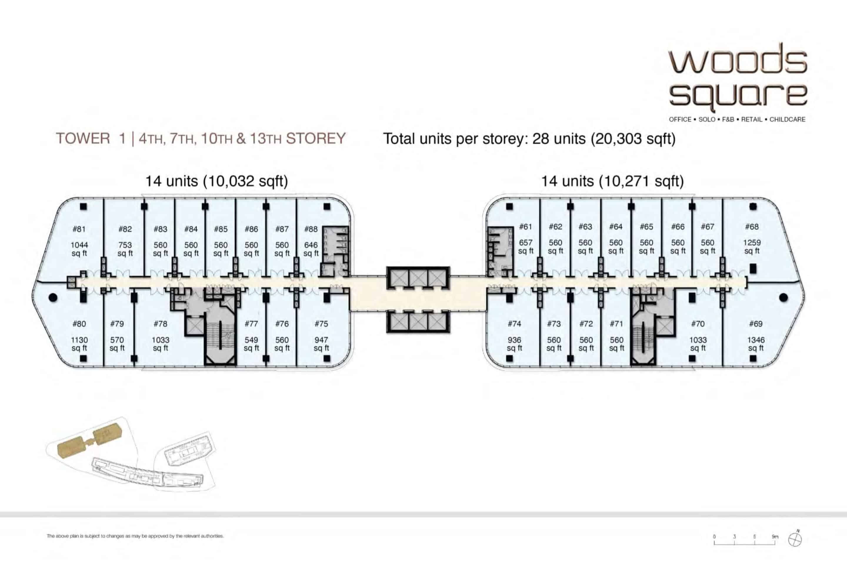 Floor plan of Tower 1 4th, 7th, 10th, and 13th Storeys at Woods Square in Woodlands, Singapore, showcasing the office unit layout for these identical floors. The plan details a total of 28 units per storey, covering 20,303 sq ft, divided into two sections: 14 units (10,032 sq ft) on the left and 14 units (10,271 sq ft) on the right. Units are labeled with numbers and sizes, ranging from 549 sq ft (e.g., Unit #77) to 1,346 sq ft (e.g., Unit #69). Key units include #75 (947 sq ft), #79 (570 sq ft), and #80 (1,130 sq ft) on the left, and #61 (657 sq ft), #64 (560 sq ft), and #68 (1,259 sq ft) on the right. The layout includes shared spaces like corridors and stairwells. The Woods Square logo and branding are in the top right corner, with a note indicating the plan is subject to changes by relevant authorities.