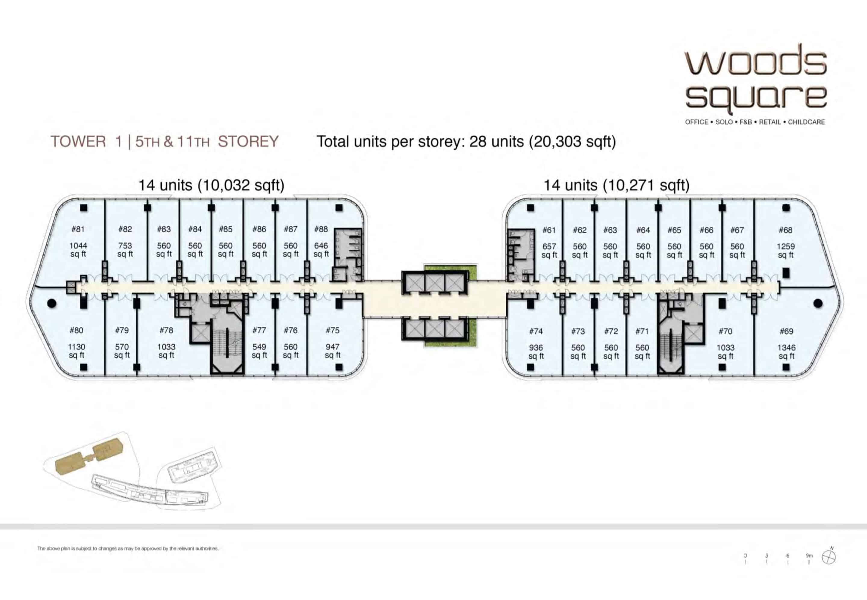 Floor plan of Tower 1 5th and 11th Storeys at Woods Square in Woodlands, Singapore, showcasing the office unit layout for these identical floors. The plan details a total of 28 units per storey, covering 20,303 sq ft, divided into two sections: 14 units (10,032 sq ft) on the left and 14 units (10,271 sq ft) on the right. Units are labeled with numbers and sizes, ranging from 549 sq ft (e.g., Unit #77) to 1,346 sq ft (e.g., Unit #69). Key units include #75 (947 sq ft), #79 (570 sq ft), and #80 (1,130 sq ft) on the left, and #61 (657 sq ft), #64 (560 sq ft), and #68 (1,259 sq ft) on the right. The layout includes shared spaces like corridors, stairwells, and a central greenery area. The Woods Square logo and branding are in the top right corner, with a note indicating the plan is subject to changes by relevant authorities.