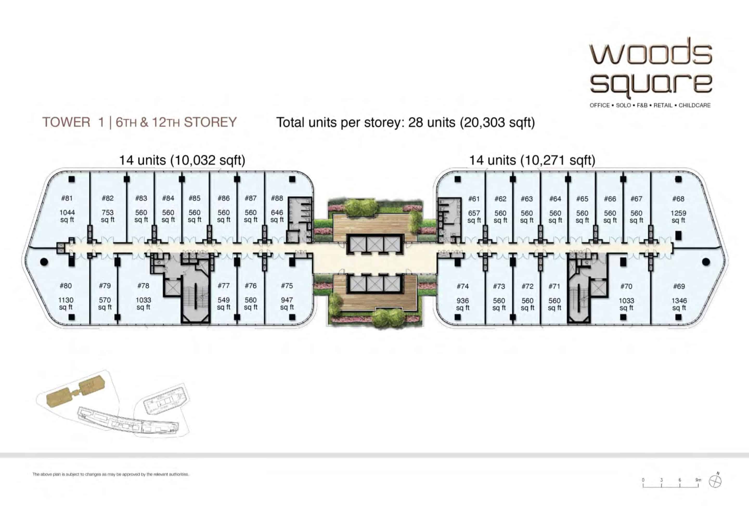 Floor plan of Tower 1 6th and 12th Storeys at Woods Square in Woodlands, Singapore, illustrating the office unit layout for these identical floors. The plan shows a total of 28 units per storey, covering 20,303 sq ft, split into two sections: 14 units (10,032 sq ft) on the left and 14 units (10,271 sq ft) on the right. Units are labeled with numbers and sizes, ranging from 549 sq ft (e.g., Unit #77) to 1,346 sq ft (e.g., Unit #69). Notable units include #75 (947 sq ft), #79 (570 sq ft), and #80 (1,130 sq ft) on the left, and #61 (657 sq ft), #64 (560 sq ft), and #68 (1,259 sq ft) on the right. The layout features shared spaces like corridors, stairwells, and a central greenery area. The Woods Square logo and branding are in the top right corner, with a note indicating the plan is subject to changes by relevant authorities.