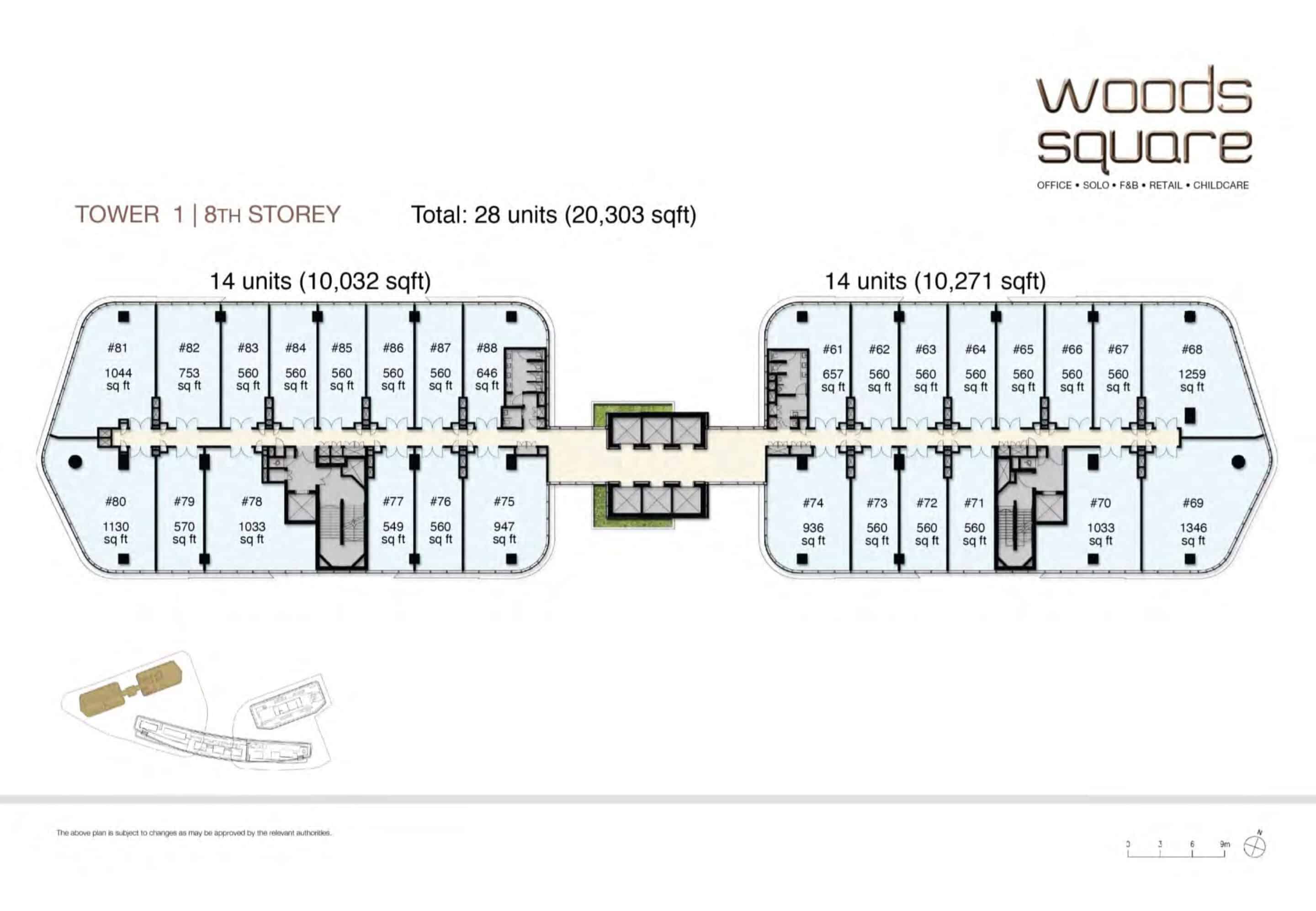 Floor plan of Tower 1 8th Storey at Woods Square in Woodlands, Singapore, detailing the office unit layout. The plan displays a total of 28 units covering 20,303 sq ft, divided into two sections: 14 units (10,032 sq ft) on the left and 14 units (10,271 sq ft) on the right. Units are labeled with numbers and sizes, ranging from 549 sq ft (e.g., Unit #77) to 1,346 sq ft (e.g., Unit #69). Key units include #75 (947 sq ft), #79 (570 sq ft), and #80 (1,130 sq ft) on the left, and #61 (657 sq ft), #64 (560 sq ft), and #68 (1,259 sq ft) on the right. The layout includes shared spaces like corridors and stairwells, with a central greenery area. The Woods Square logo and branding are in the top right corner, with a note indicating the plan is subject to changes by relevant authorities.