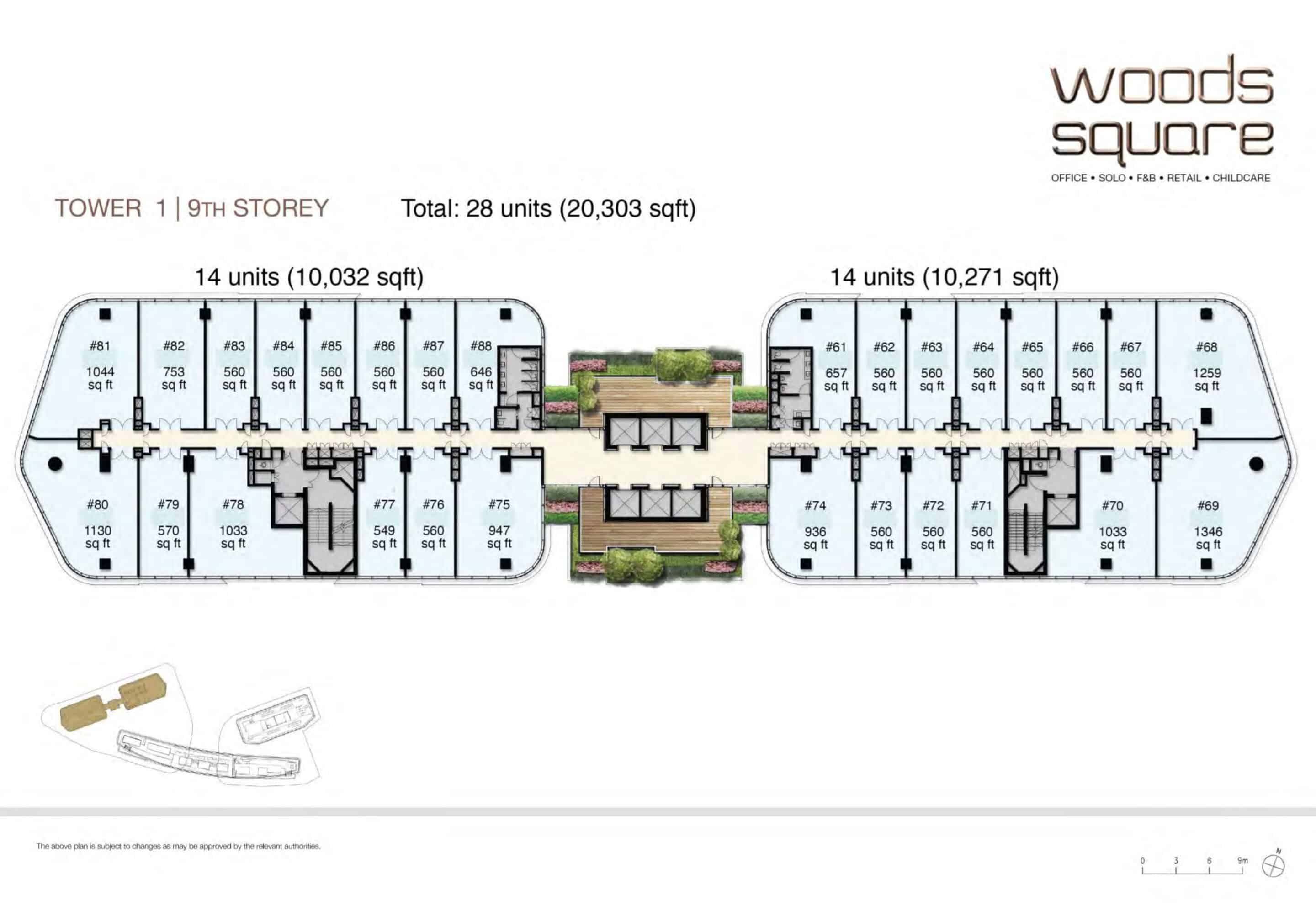 Floor plan of Tower 1 9th Storey at Woods Square in Woodlands, Singapore, showcasing the office unit layout. The plan details a total of 28 units covering 20,303 sq ft, divided into two sections: 14 units (10,032 sq ft) on the left and 14 units (10,271 sq ft) on the right. Units are labeled with numbers and sizes, ranging from 549 sq ft (e.g., Unit #77) to 1,346 sq ft (e.g., Unit #69). Key units include #75 (947 sq ft), #79 (570 sq ft), and #80 (1,130 sq ft) on the left, and #61 (657 sq ft), #64 (560 sq ft), and #68 (1,259 sq ft) on the right. The layout includes shared spaces like corridors, stairwells, and a central greenery area. The Woods Square logo and branding are in the top right corner, with a note indicating the plan is subject to changes by relevant authorities.