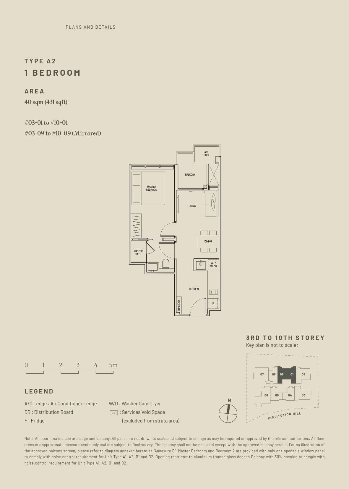 Hill House Type A2 1-bedroom floor plan, 40 sqm, on 3rd to 10th storeys in Prime District 9, displaying living, dining, kitchen, and balcony layout.