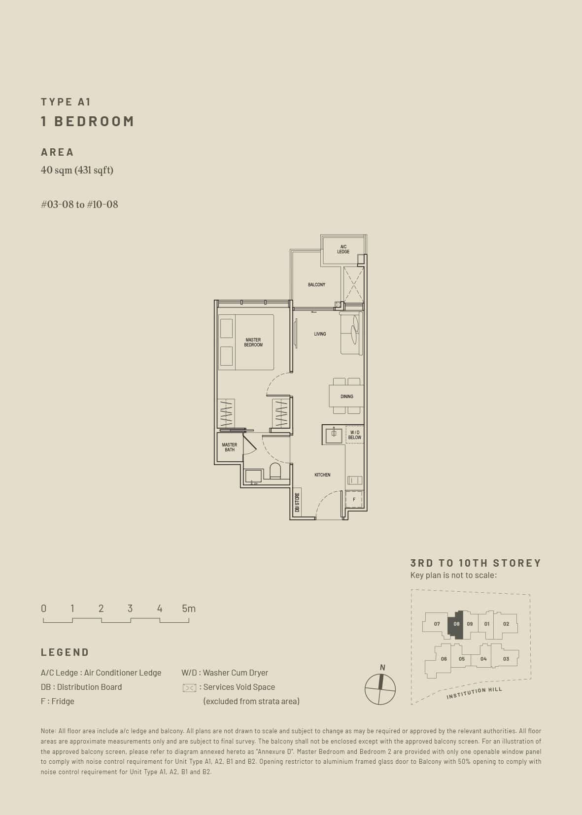 Hill House Type A1 1-bedroom floor plan, 40 sqm, on 3rd to 10th storeys in Prime District 9, showcasing living, dining, kitchen, and balcony layout.