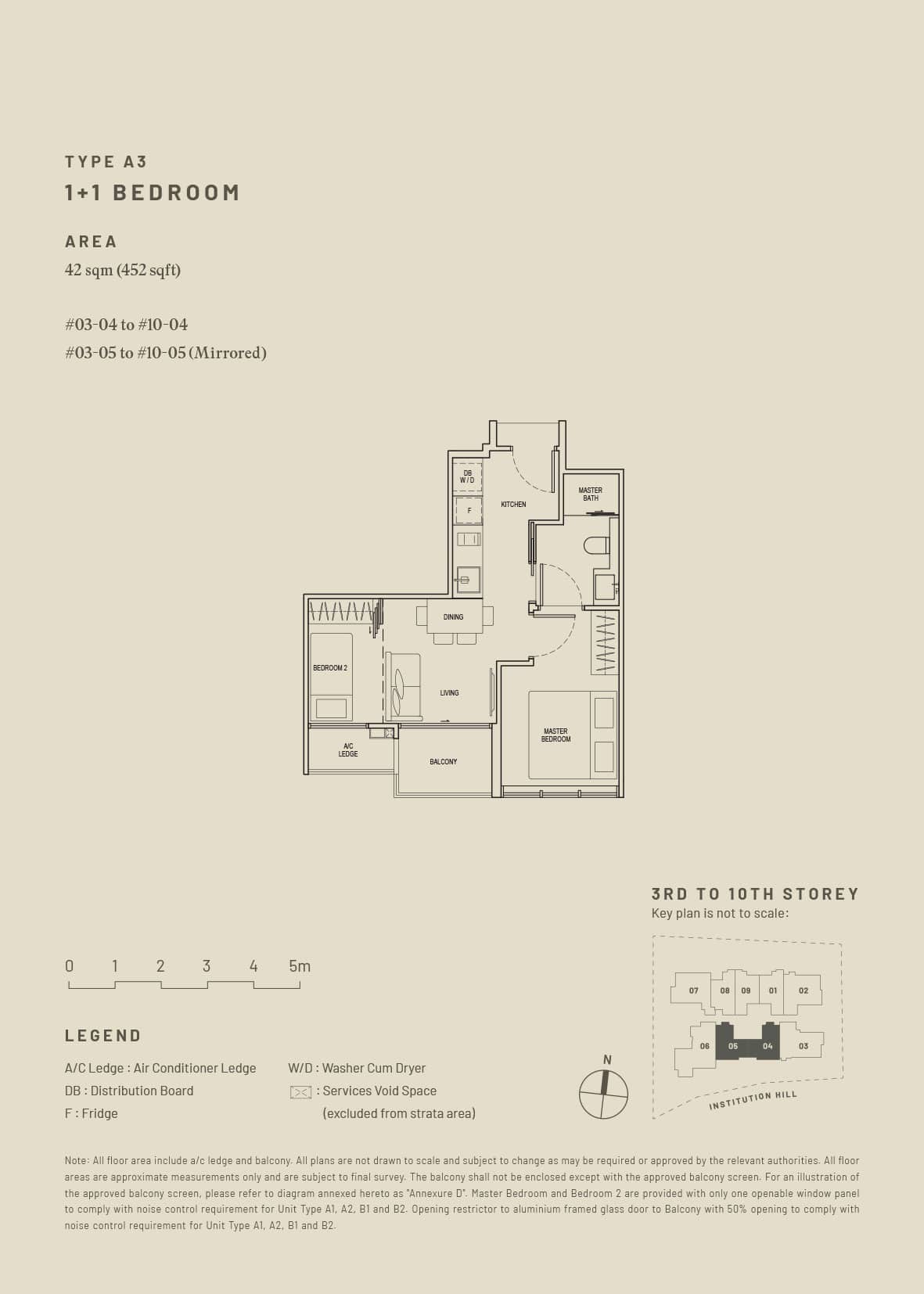 Floor plan of Hill House Type A3 1+1 bedroom unit, 42 sqm, on 3rd to 10th storeys in District 9, with living, dining, kitchen, and additional bedroom space.