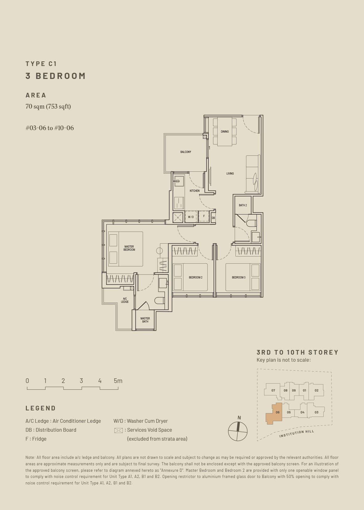Hill House Type C1 3-bedroom floor plan, 70 sqm, on 3rd to 10th storeys in Prime District 9, featuring living, dining, kitchen, and spacious balcony.