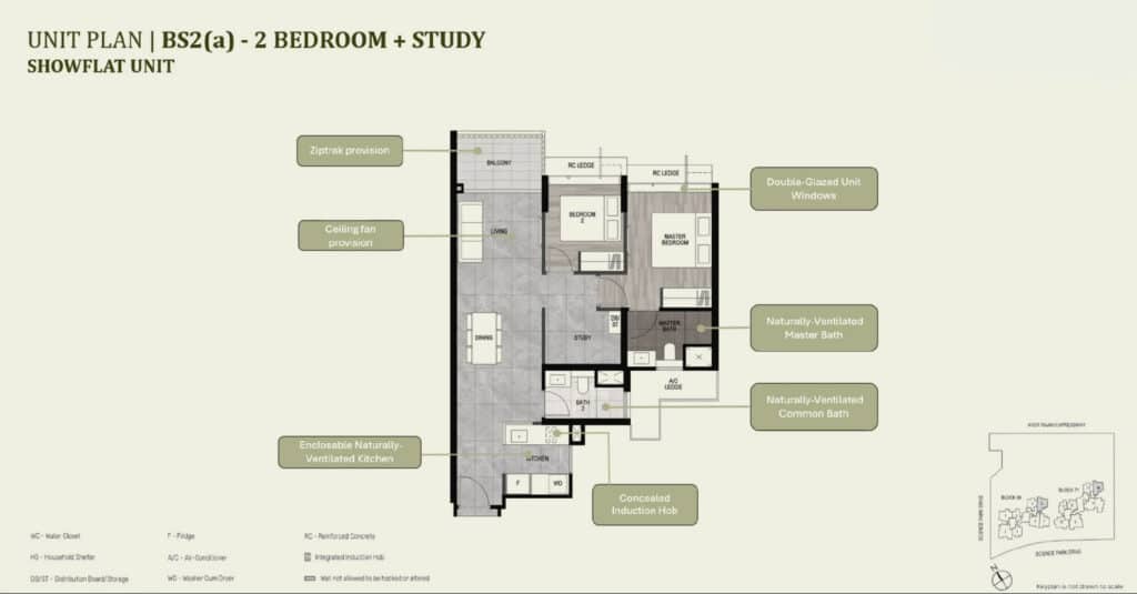 Floor plan of a Lyndenwoods BS2(a) showflat unit featuring 2 bedrooms and a study. The layout includes a balcony, living and dining area, master bedroom with naturally-ventilated master bath, bedroom 2, a study, a naturally-ventilated common bath, and a kitchen with ziptrak provision. Additional features include double-glazed unit windows, ceiling fan provision, and an enclosable naturally-ventilated kitchen. A small inset map shows the unit's location near Ayer Rajah Expressway and Science Park Drive.