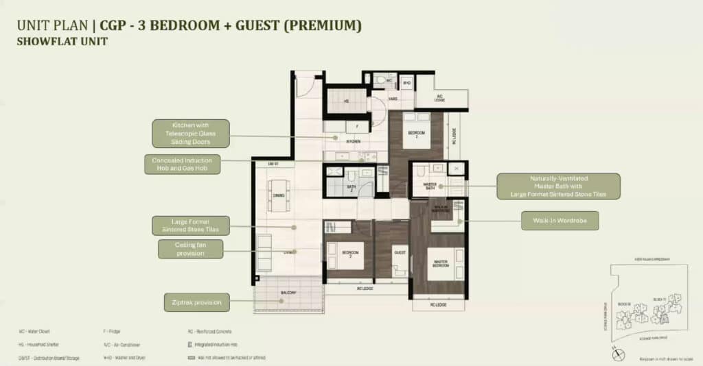 Floor plan of a Lyndenwoods CGP showflat unit with 3 bedrooms and a guest room (premium). The layout includes a balcony, living and dining area, master bedroom with naturally-ventilated master bath and walk-in wardrobe, bedroom 2, bedroom 3, a guest room, a naturally-ventilated bath 2, and a kitchen with telescopic glass sliding doors and a concealed induction and gas hob. Features include large format sintered stone tiles, ceiling fan provision, and an integrated double sink. A small inset map shows the unit's location near Ayer Rajah Expressway and Science Park Drive.