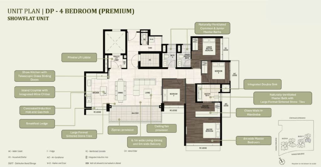 Floor plan of a Lyndenwoods DP showflat unit with 4 bedrooms (premium). The layout includes a balcony, a 6.1m wide living-dining area, a master bedroom with a 4m wide layout, naturally-ventilated master bath, and glass walk-in wardrobe, bedroom 2, bedroom 3, bedroom 4, a junior master bedroom with bath, a show kitchen with telescopic glass sliding doors, and an island counter with an integrated wine chiller. Features include large format sintered stone tiles, ceiling fan provision, and a private lift lobby. A small inset map shows the unit's location near Ayer Rajah Expressway and Science Park Drive.