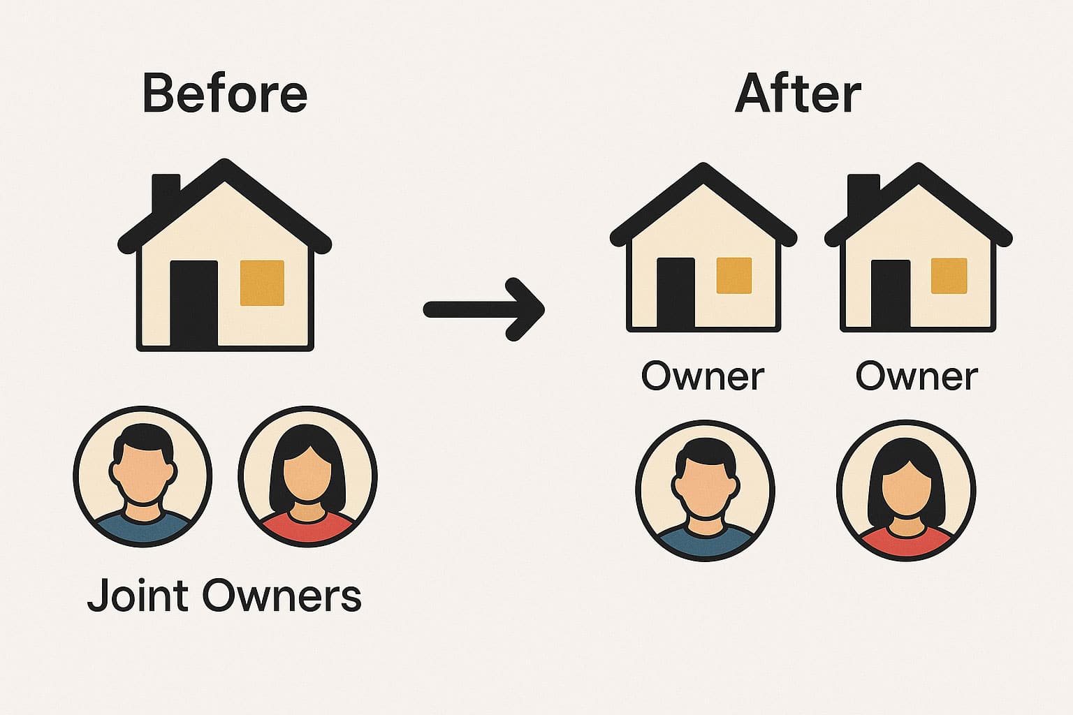 Diagram showing a house with 'Before' and 'After' labels. Before: One house labeled 'Joint Owners' with two people (one in blue, one in red). After: Two houses, each labeled 'Owner,' with one person per house (one in blue, one in red). An arrow points from Before to After.