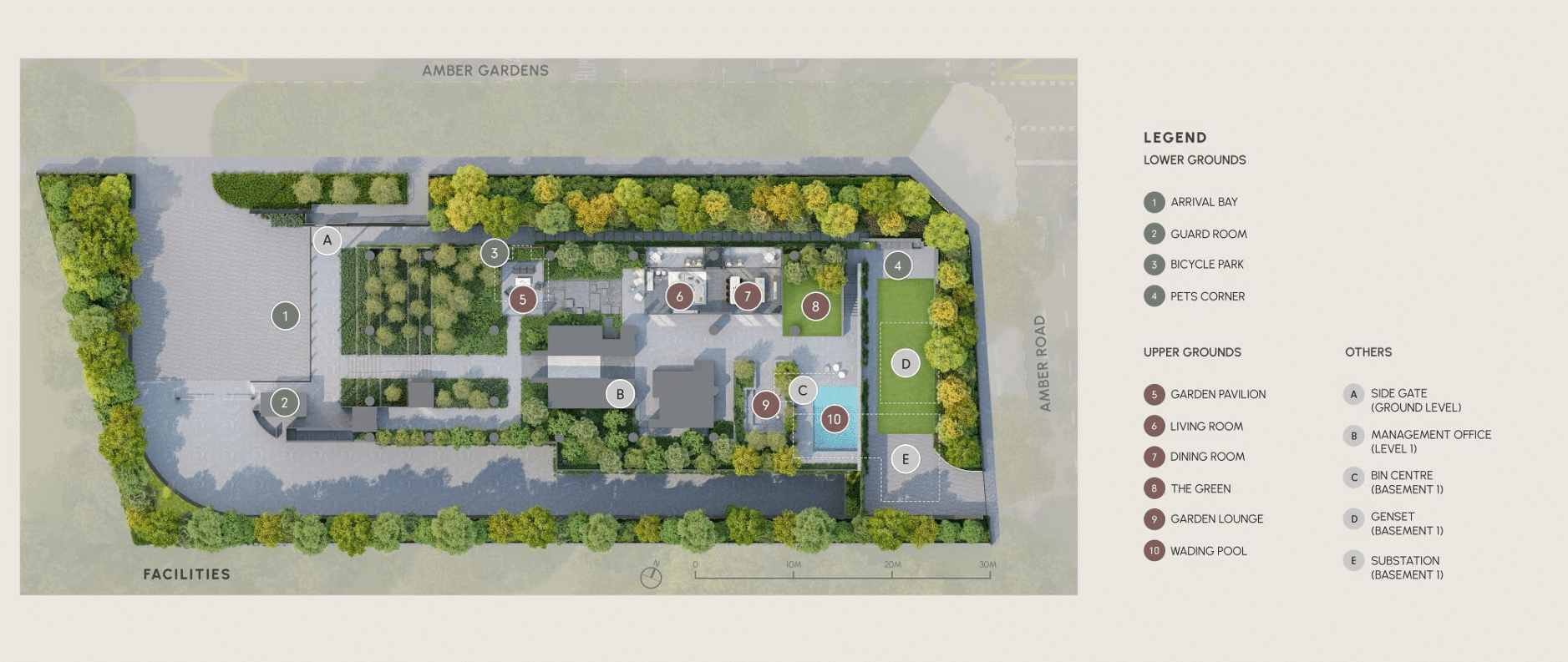 Site plan of Arina East Residences, a luxury freehold condo in Marina East, Singapore, showing 1st and 2nd storey layouts with 2 blocks, swimming pool, sky terraces, carpark, and communal facilities at Tanjong Rhu Road.