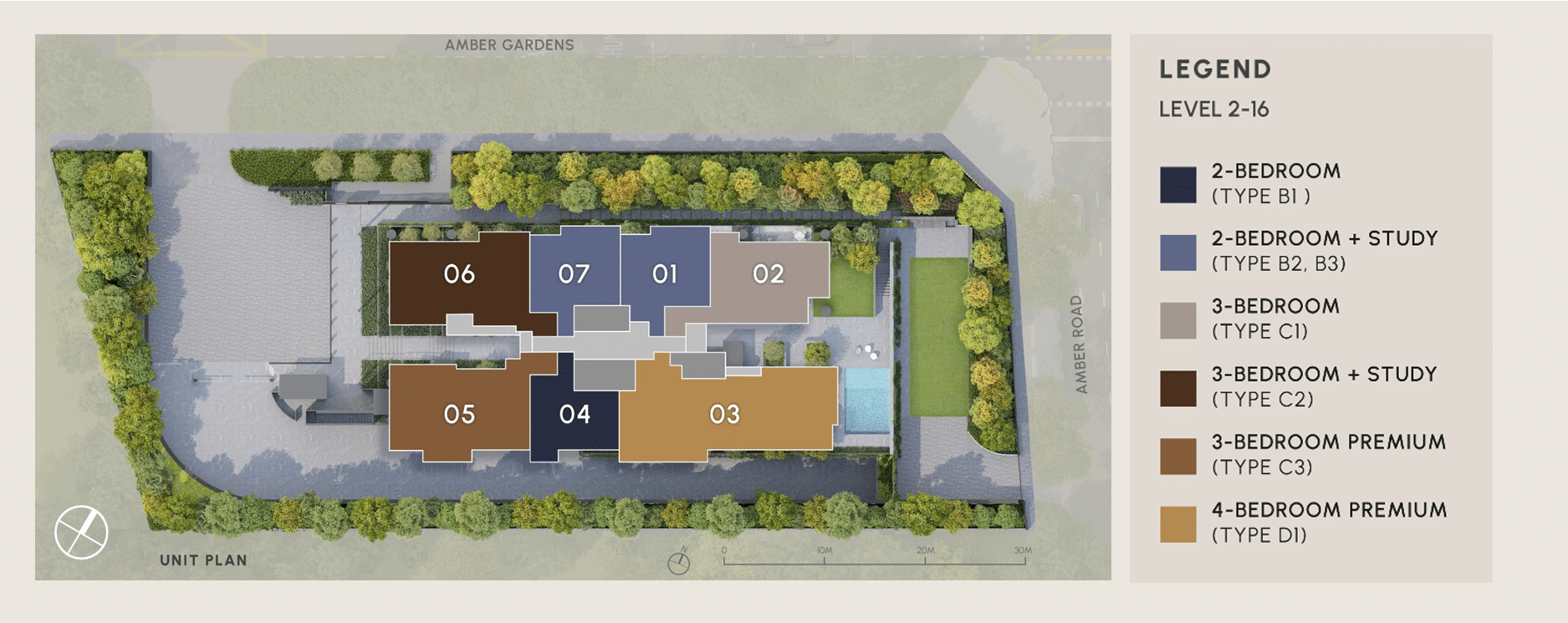 L20 Sky Terrace plan of Arina East Residences, a luxury freehold condo in Marina East, Singapore, featuring a gym, sky pool, pool deck lounge, and pavilion with BBQ between twin towers.