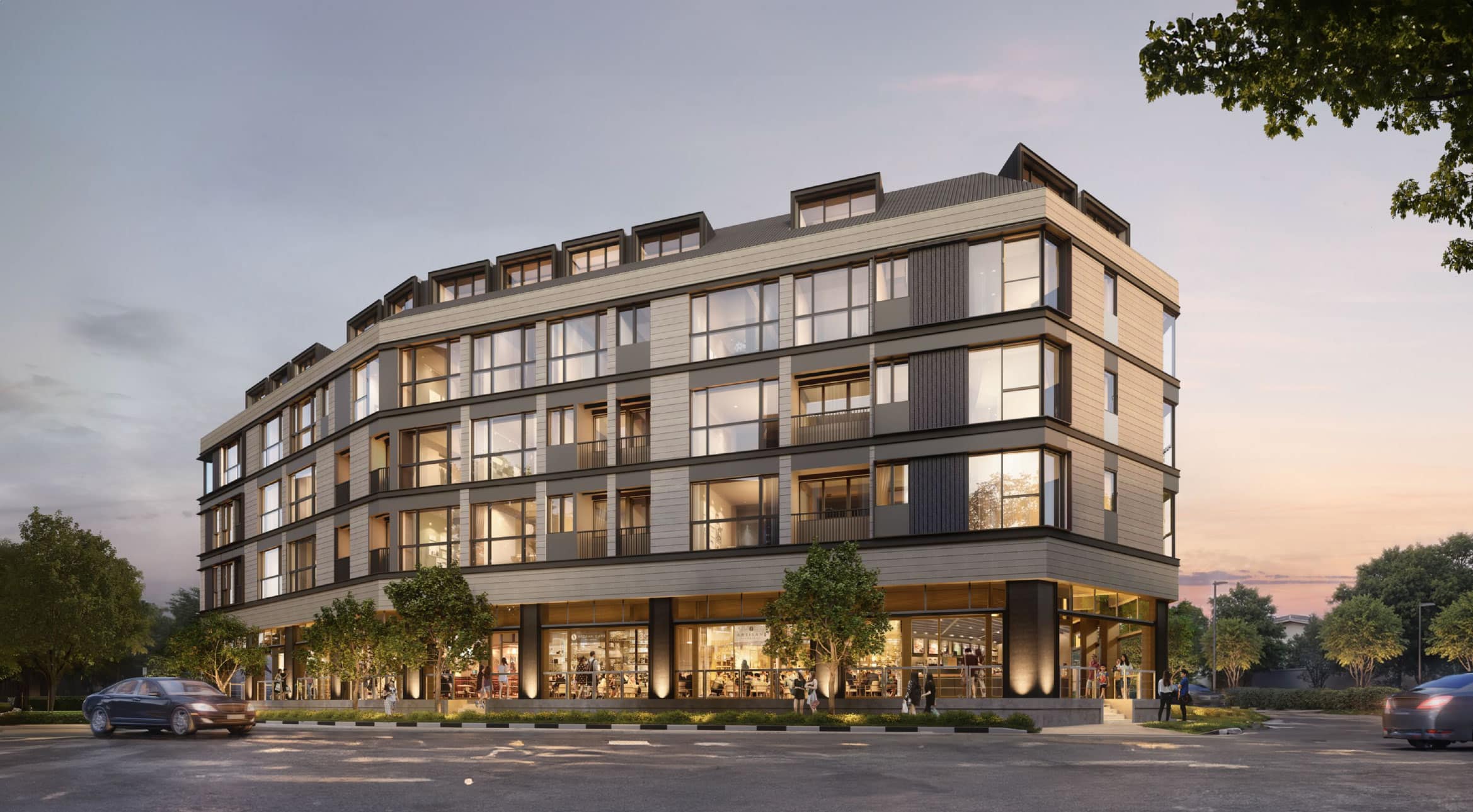 Artisan-8-Hero-Shot Artist's impression of the Artisan 8 building façade, a contemporary freehold mixed-use development in Upper Thomson with sleek design, large windows, and ground-floor retail units at dusk.