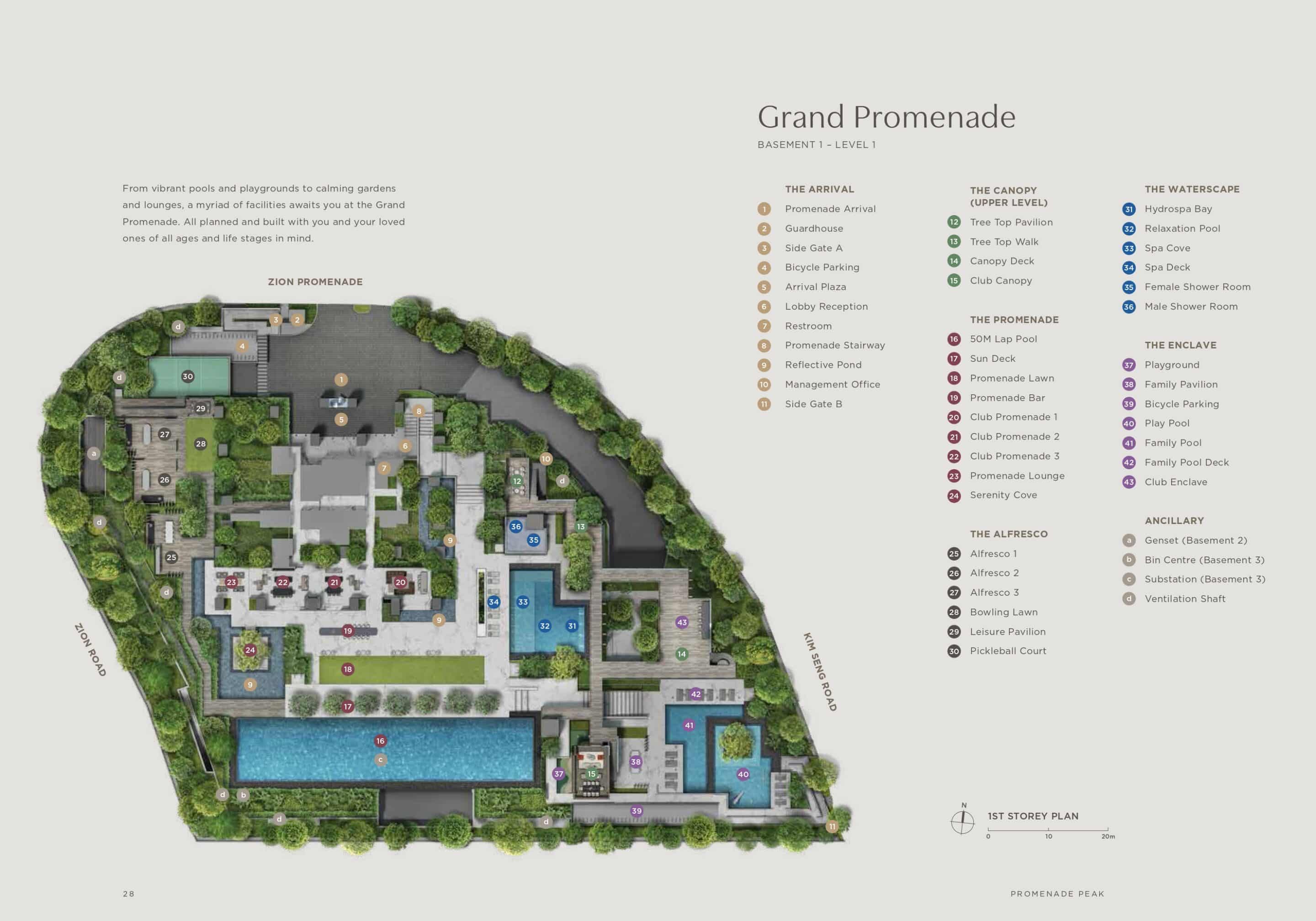 Site plan of Arina East Residences, a luxury freehold condo in Marina East, Singapore, showing 1st and 2nd storey layouts with 2 blocks, swimming pool, sky terraces, carpark, and communal facilities at Tanjong Rhu Road.