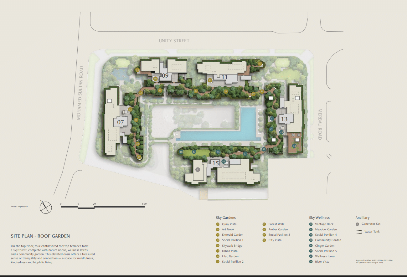 L19 Sky Terrace plan of Arina East Residences, a luxury freehold condo in Marina East, Singapore, featuring a lounge and communal planter between twin towers.