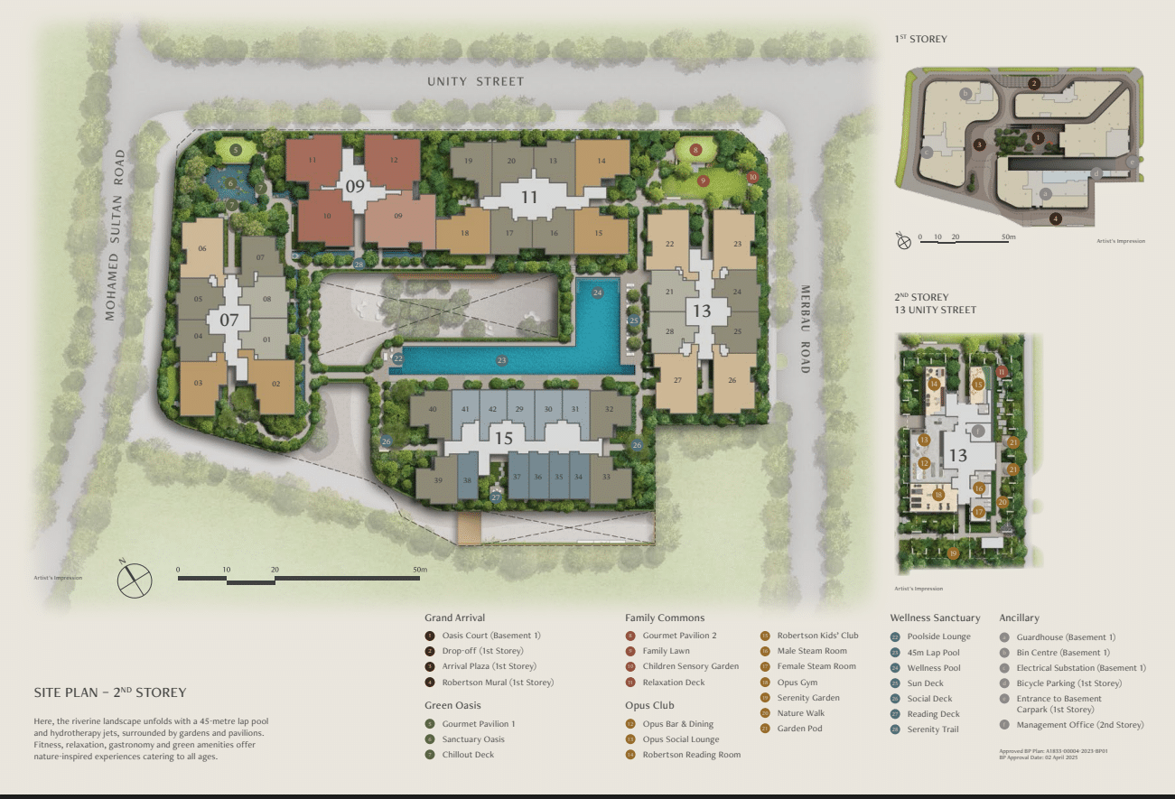 Site plan of Arina East Residences, a luxury freehold condo in Marina East, Singapore, showing 1st and 2nd storey layouts with 2 blocks, swimming pool, sky terraces, carpark, and communal facilities at Tanjong Rhu Road.