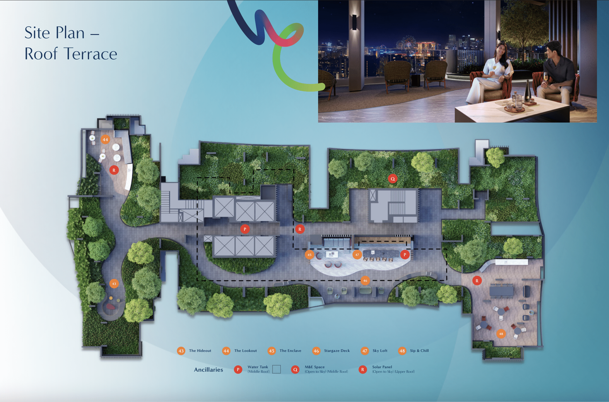 Site plan of Arina East Residences, a luxury freehold condo in Marina East, Singapore, showing 1st and 2nd storey layouts with 2 blocks, swimming pool, sky terraces, carpark, and communal facilities at Tanjong Rhu Road.