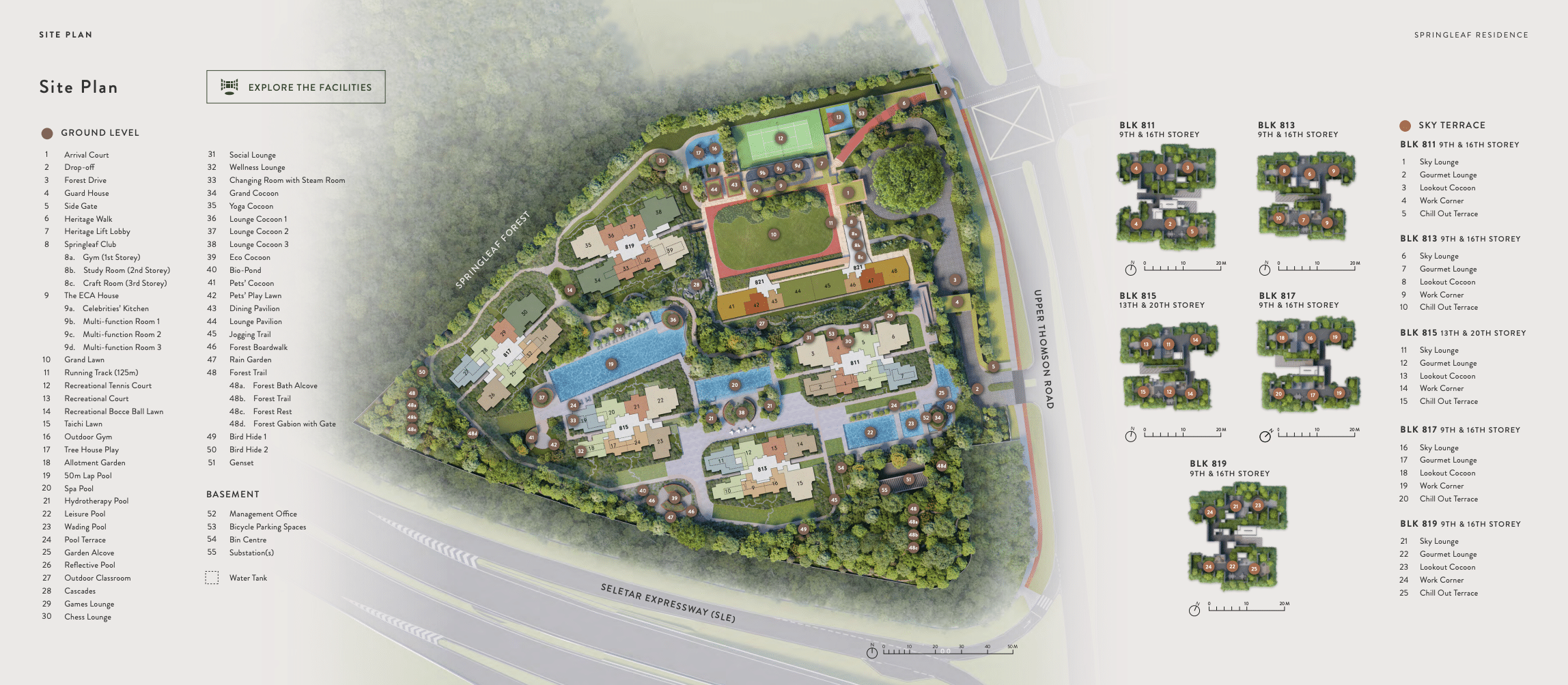 Site plan of Arina East Residences, a luxury freehold condo in Marina East, Singapore, showing 1st and 2nd storey layouts with 2 blocks, swimming pool, sky terraces, carpark, and communal facilities at Tanjong Rhu Road.