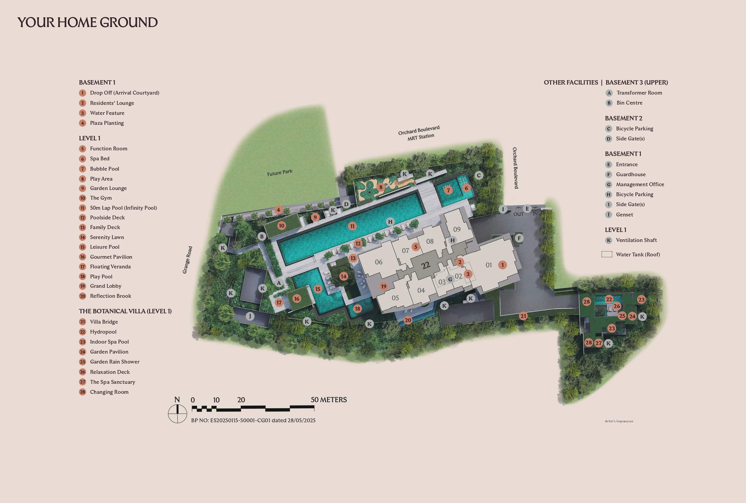 Site plan of Arina East Residences, a luxury freehold condo in Marina East, Singapore, showing 1st and 2nd storey layouts with 2 blocks, swimming pool, sky terraces, carpark, and communal facilities at Tanjong Rhu Road.